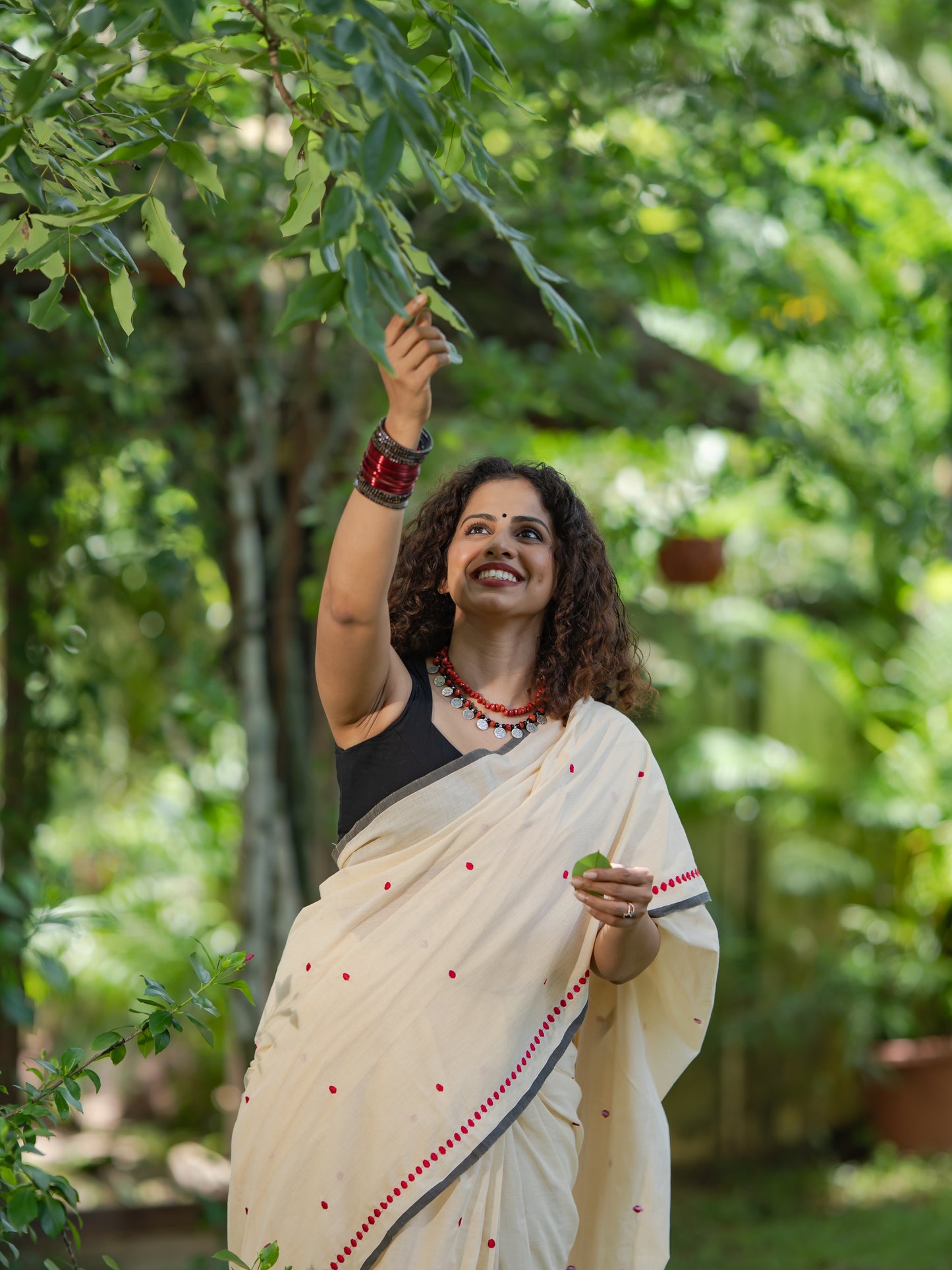 Lakshmi : Manjadi - red embroidery, sandal & black, soft kerala cotton - YCIEON164