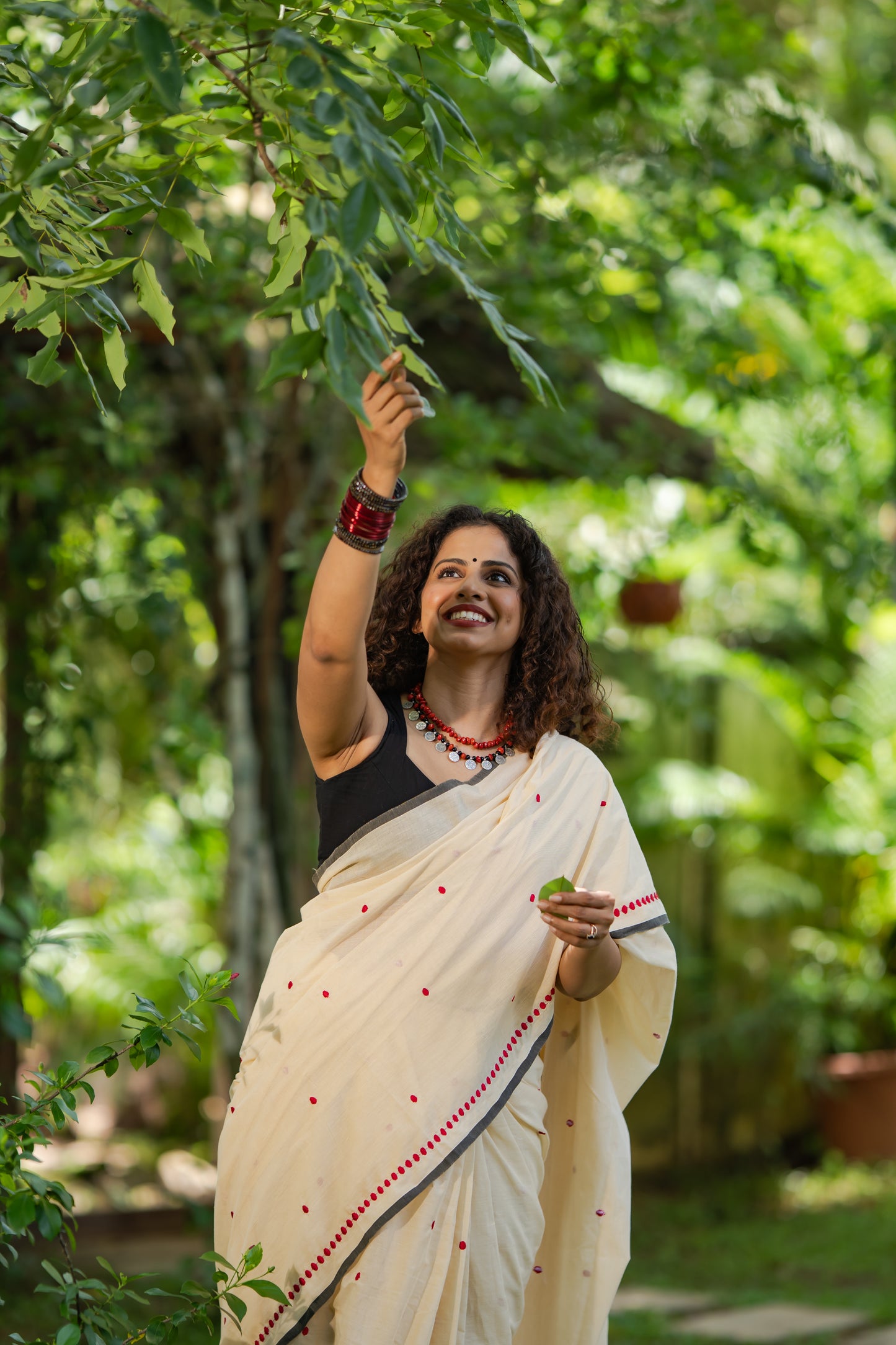 Lakshmi : Manjadi - red embroidery, sandal & black, soft kerala cotton - YCIEON164