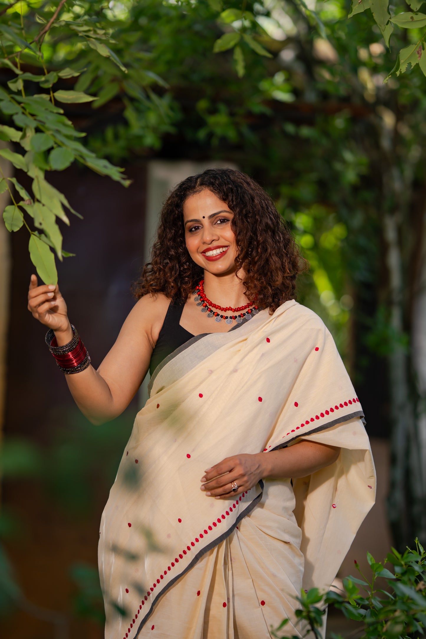 Lakshmi : Manjadi - red embroidery, sandal & black, soft kerala cotton - YCIEON164