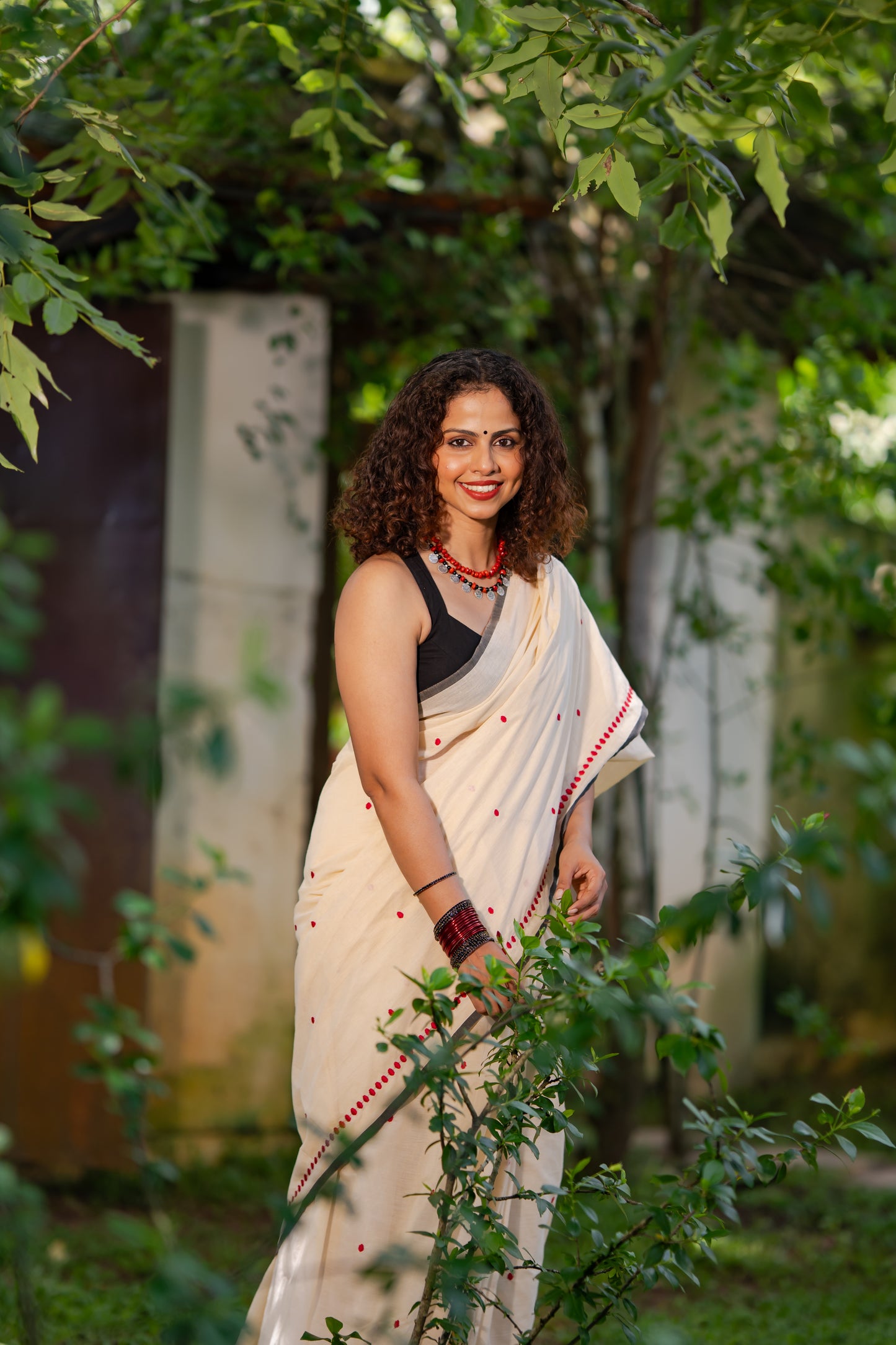 Lakshmi : Manjadi - red embroidery, sandal & black, soft kerala cotton - YCIEON164