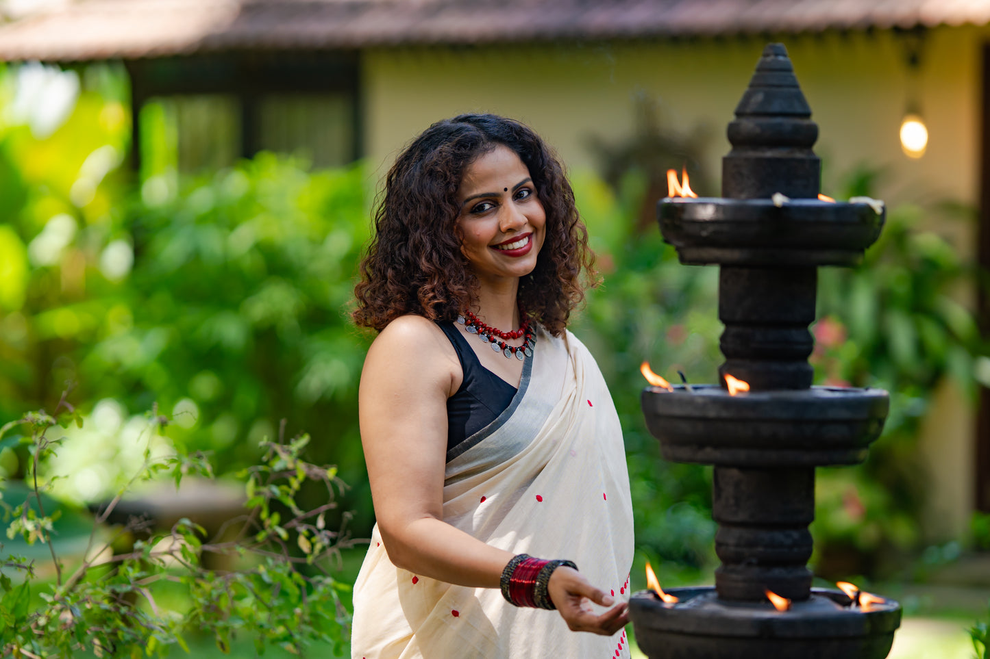 Lakshmi : Manjadi - red embroidery, sandal & black, soft kerala cotton - YCIEON164