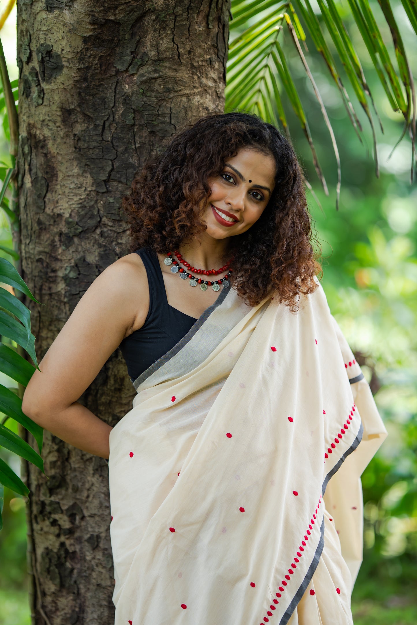 Lakshmi : Manjadi - red embroidery, sandal & black, soft kerala cotton - YCIEON164