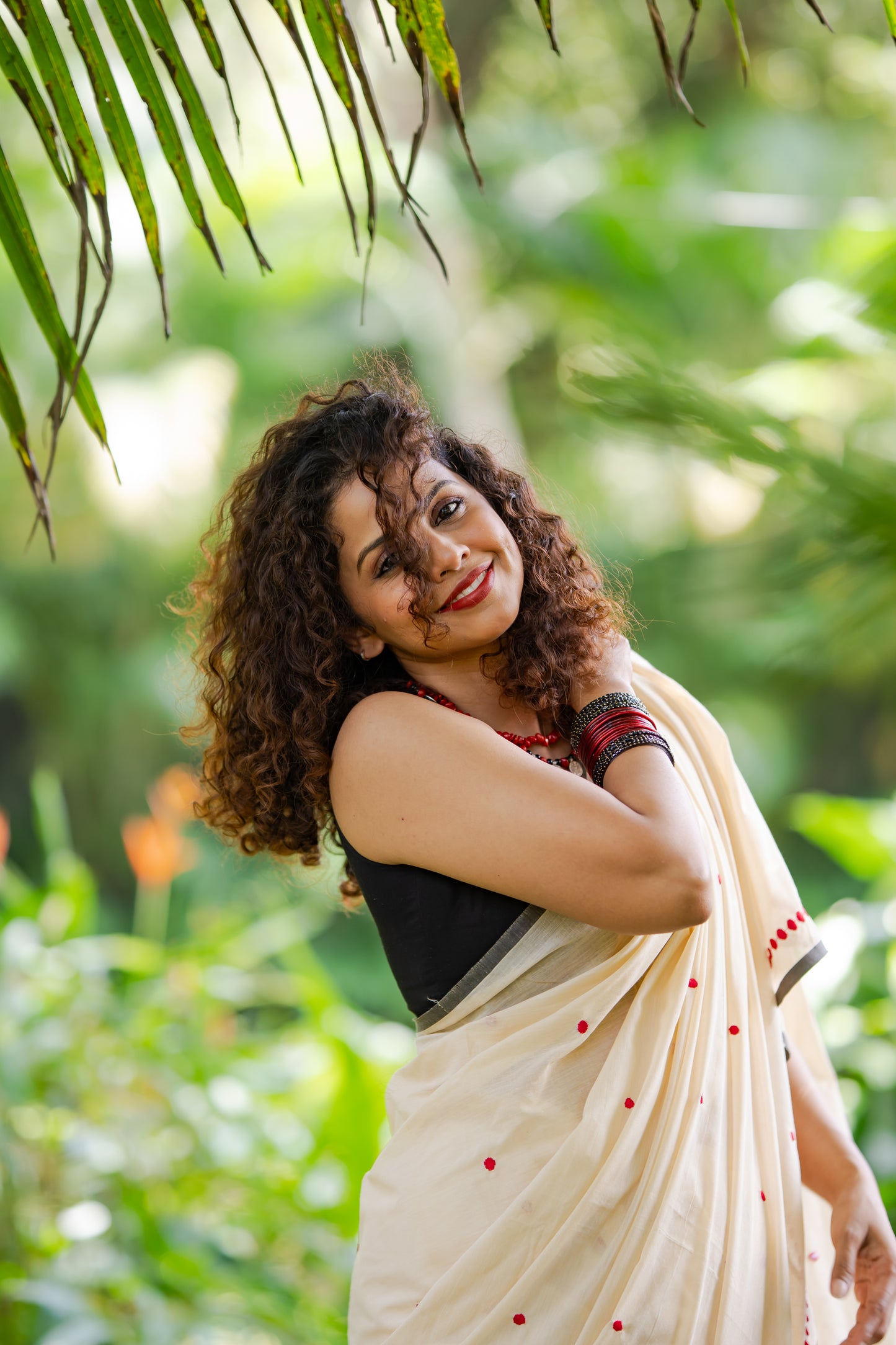 Lakshmi : Manjadi - red embroidery, sandal & black, soft kerala cotton - YCIEON164