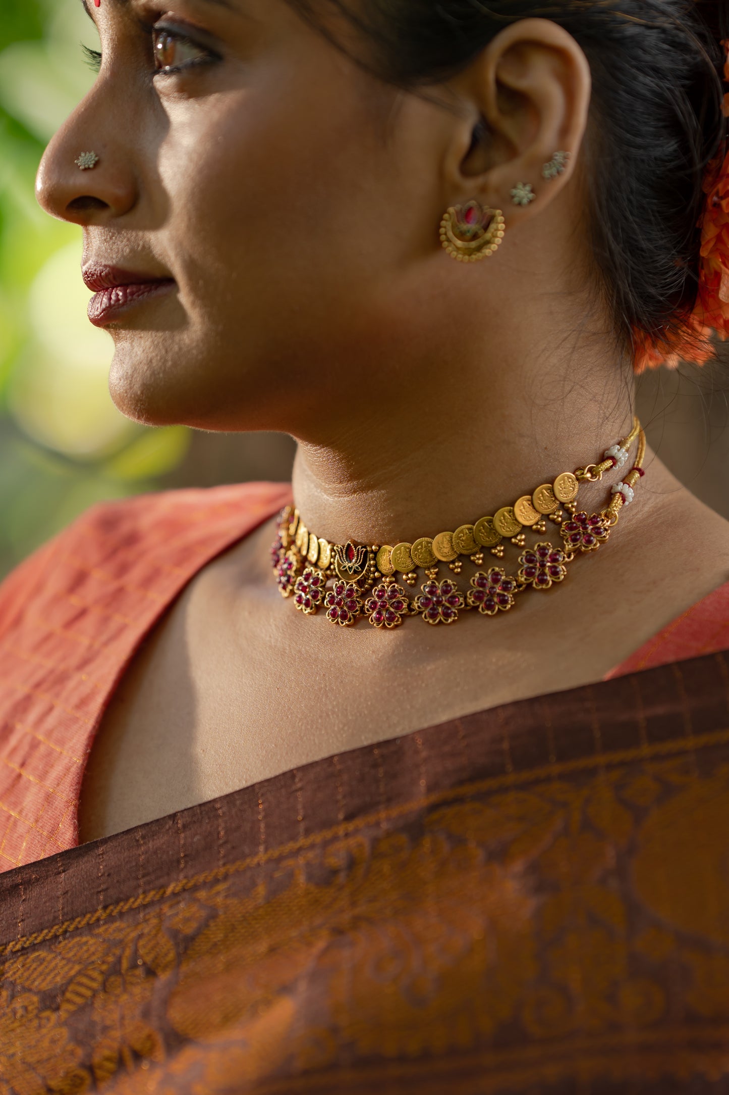 Namita : Kanakambaram - Sungudi checks, ivory gold base, brown and orange dual tone border, soft cotton - YCIEON160