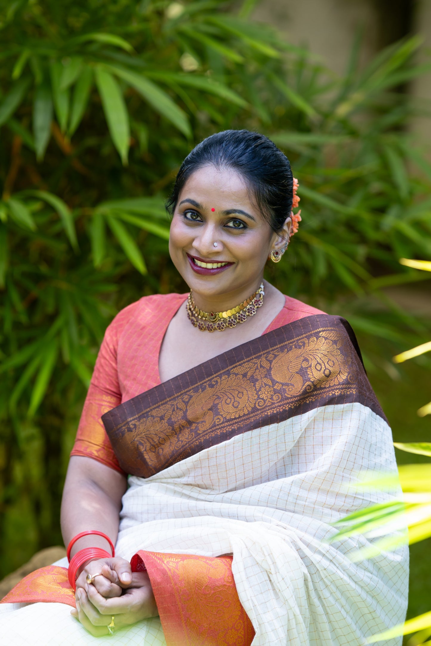 Namita : Kanakambaram - Sungudi checks, ivory gold base, brown and orange dual tone border, soft cotton - YCIEON160