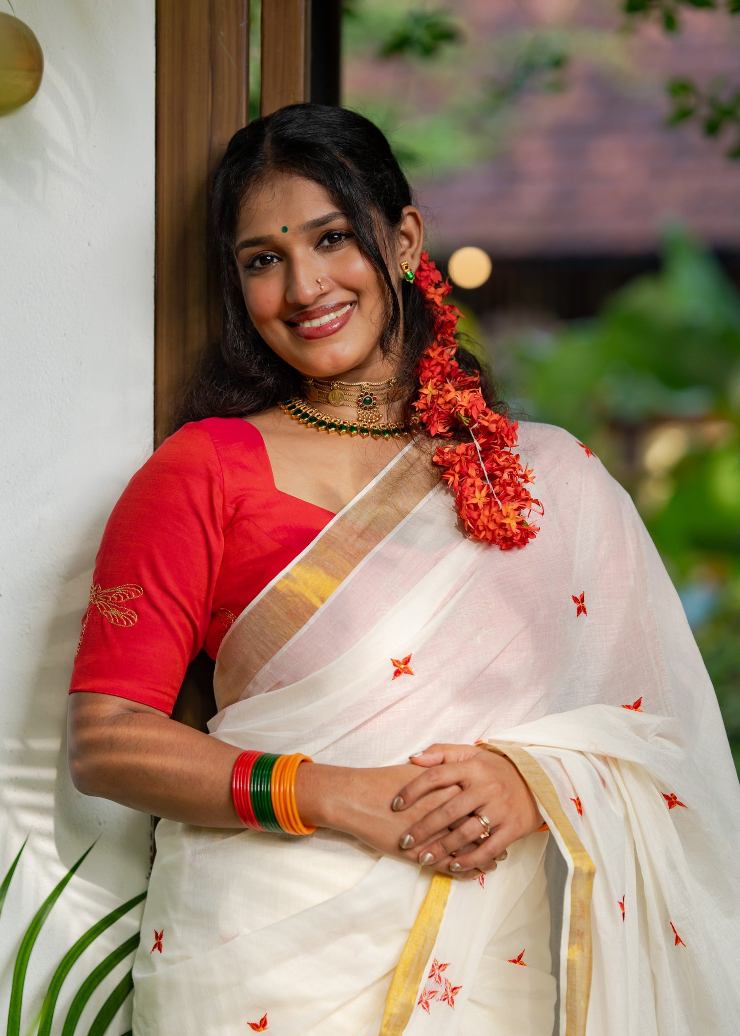 Nandana : Chethi/Thechi - orange red floral embroidery, ivory & gold, soft cotton - YCIEON165