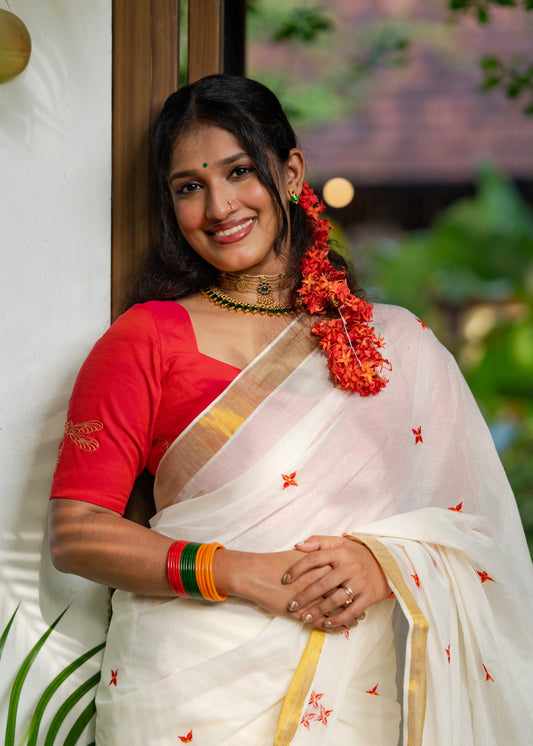 Nandana : Chethi/Thechi - orange red floral embroidery, ivory & gold, soft cotton - YCIEON165