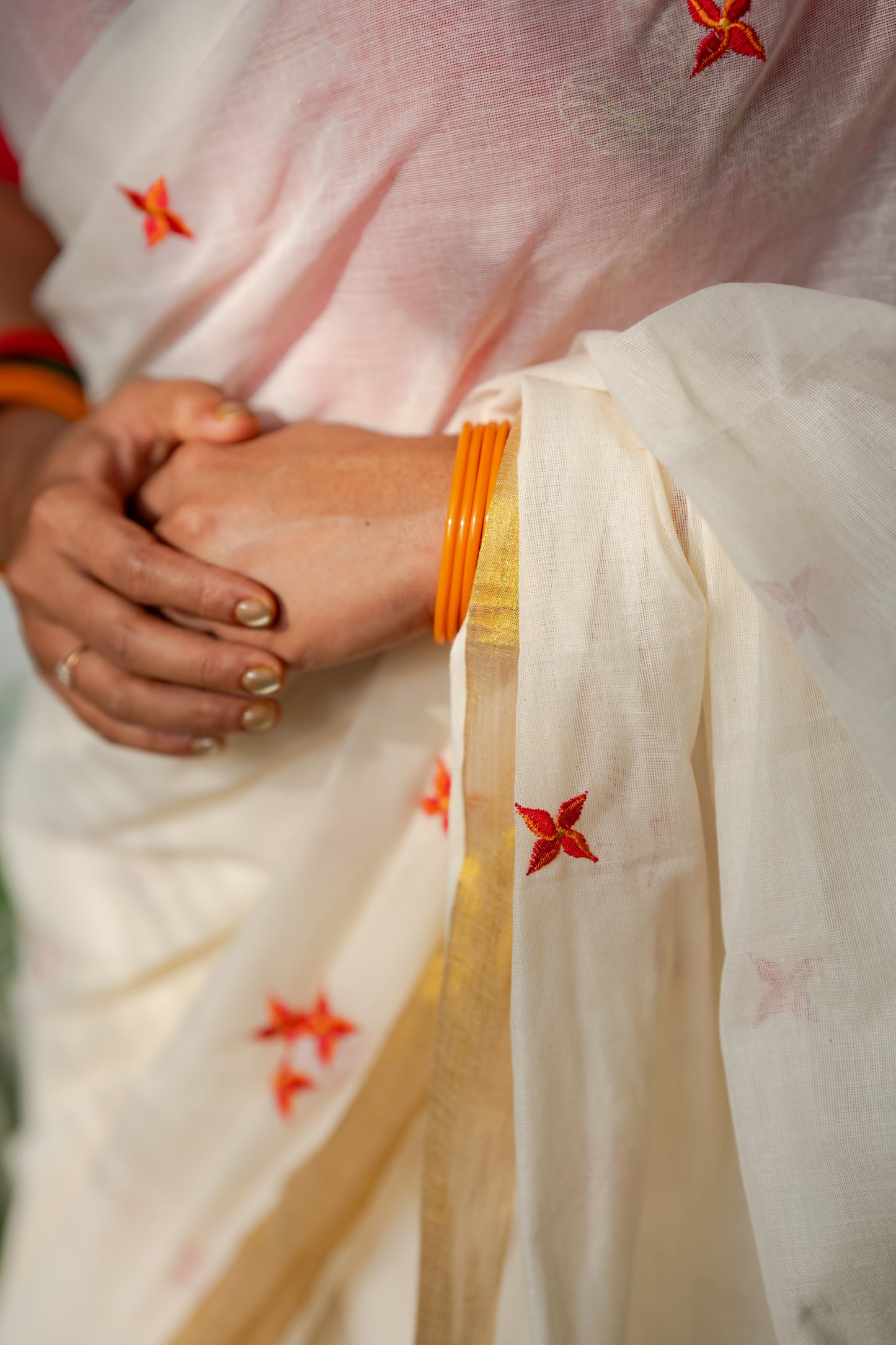 Nandana : Chethi/Thechi - orange red floral embroidery, ivory & gold, soft cotton - YCIEON165