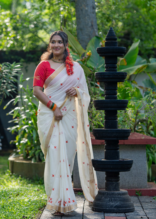 Nandana : Chethi/Thechi - orange red floral embroidery, ivory & gold, soft cotton - YCIEON165