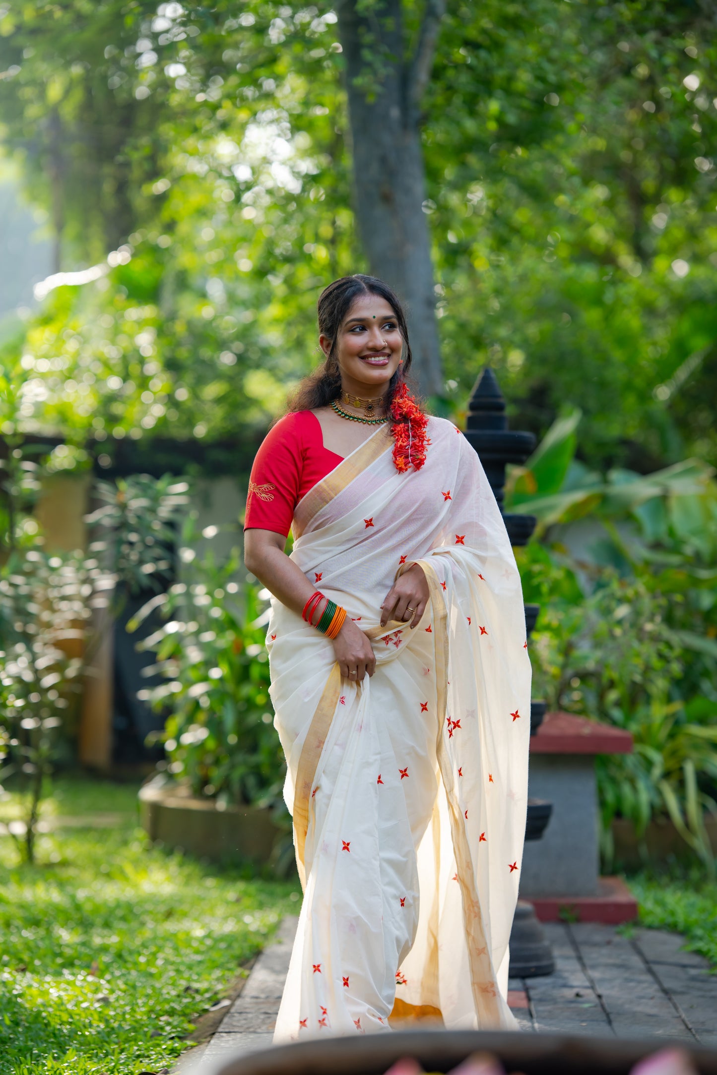 Nandana : Chethi/Thechi - orange red floral embroidery, ivory & gold, soft cotton - YCIEON165