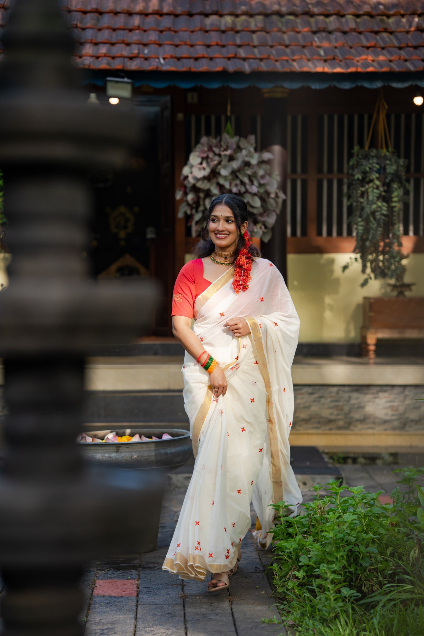 Nandana : Chethi/Thechi - orange red floral embroidery, ivory & gold, soft cotton - YCIEON165