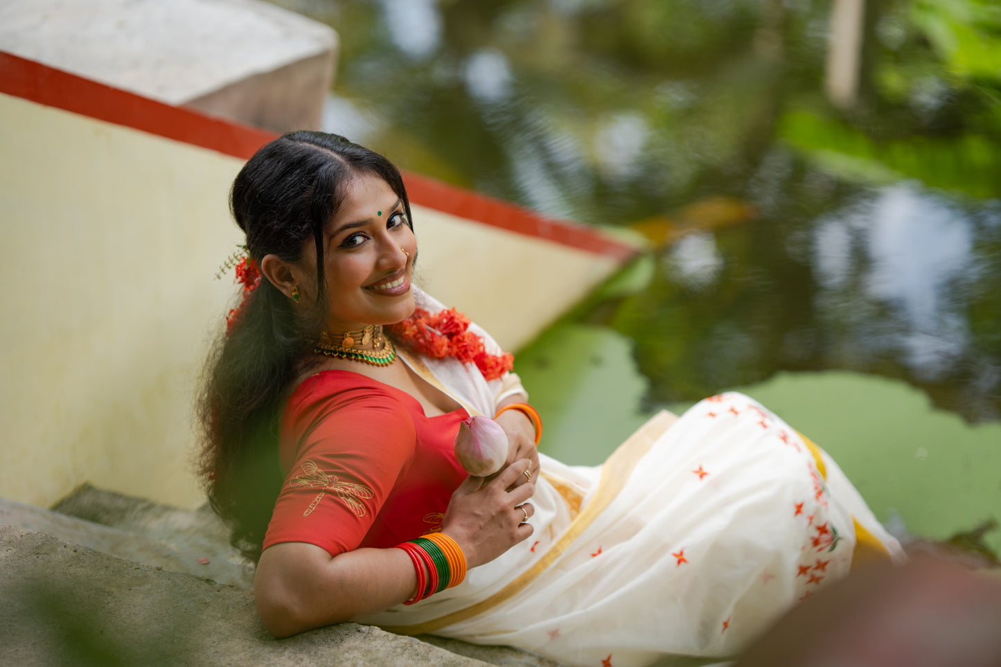 Nandana : Chethi/Thechi - orange red floral embroidery, ivory & gold, soft cotton - YCIEON165