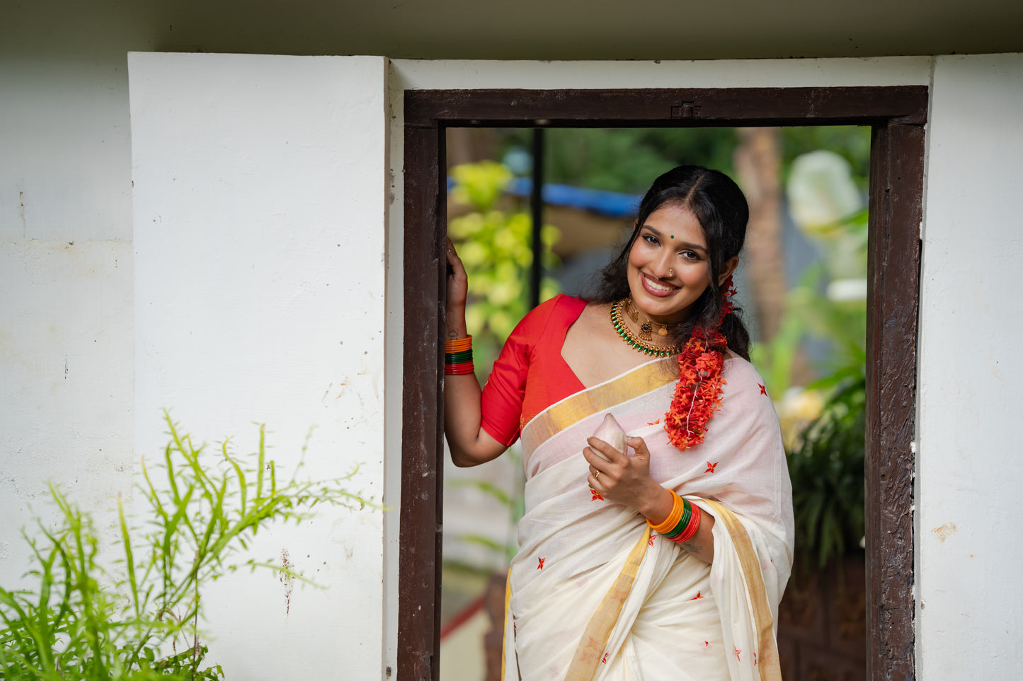 Nandana : Chethi/Thechi - orange red floral embroidery, ivory & gold, soft cotton - YCIEON165