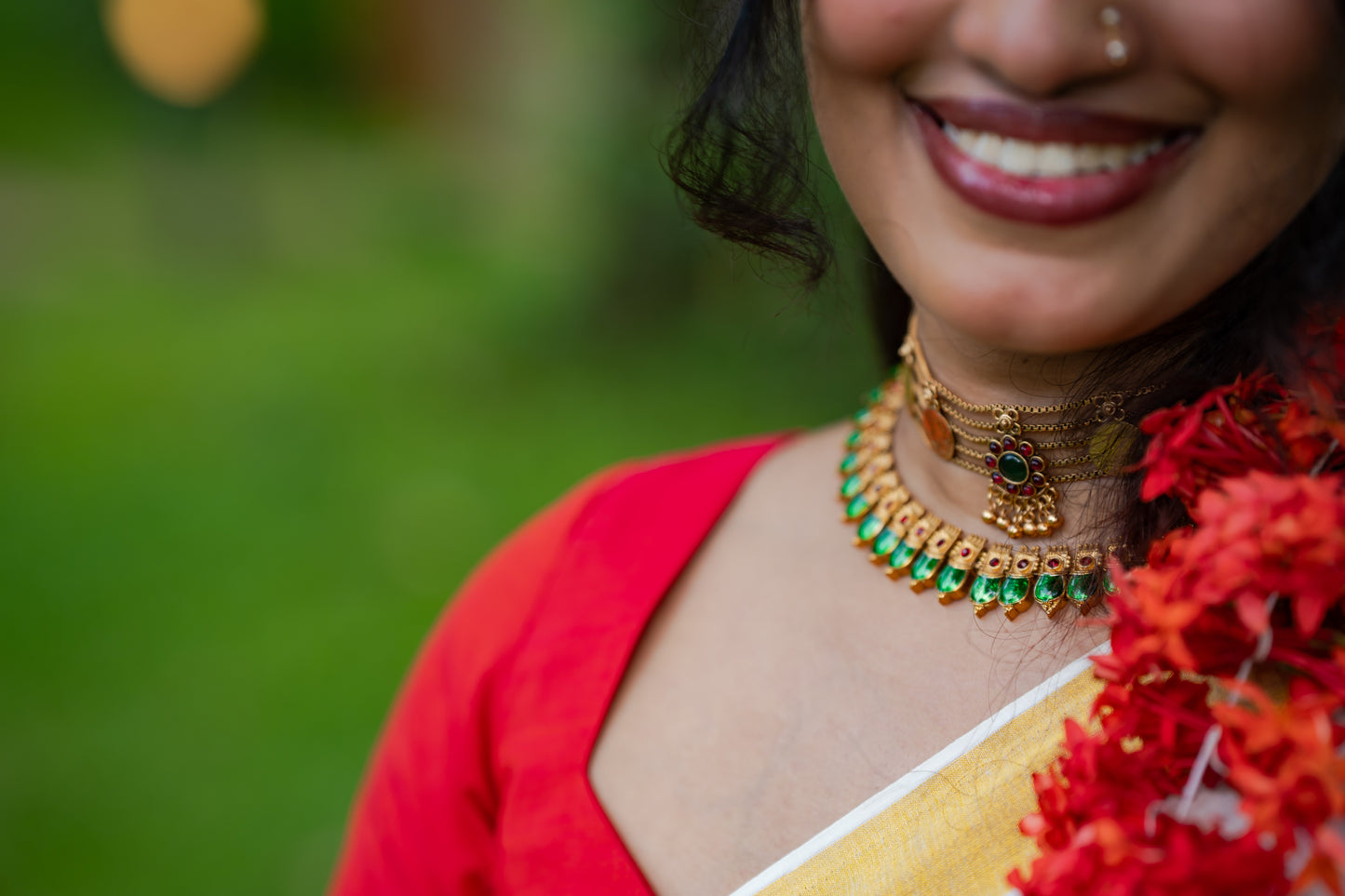 Nandana : Chethi/Thechi - orange red floral embroidery, ivory & gold, soft cotton - YCIEON165