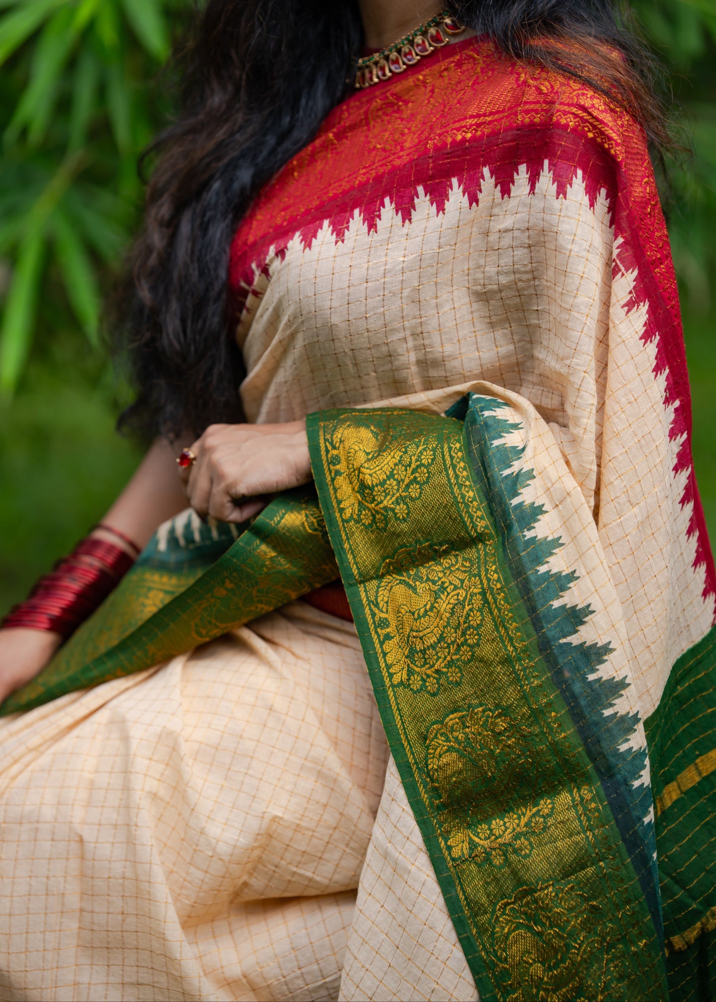 Sungudi checks, sandal base, green and deep red border, soft cotton - YCIEON93