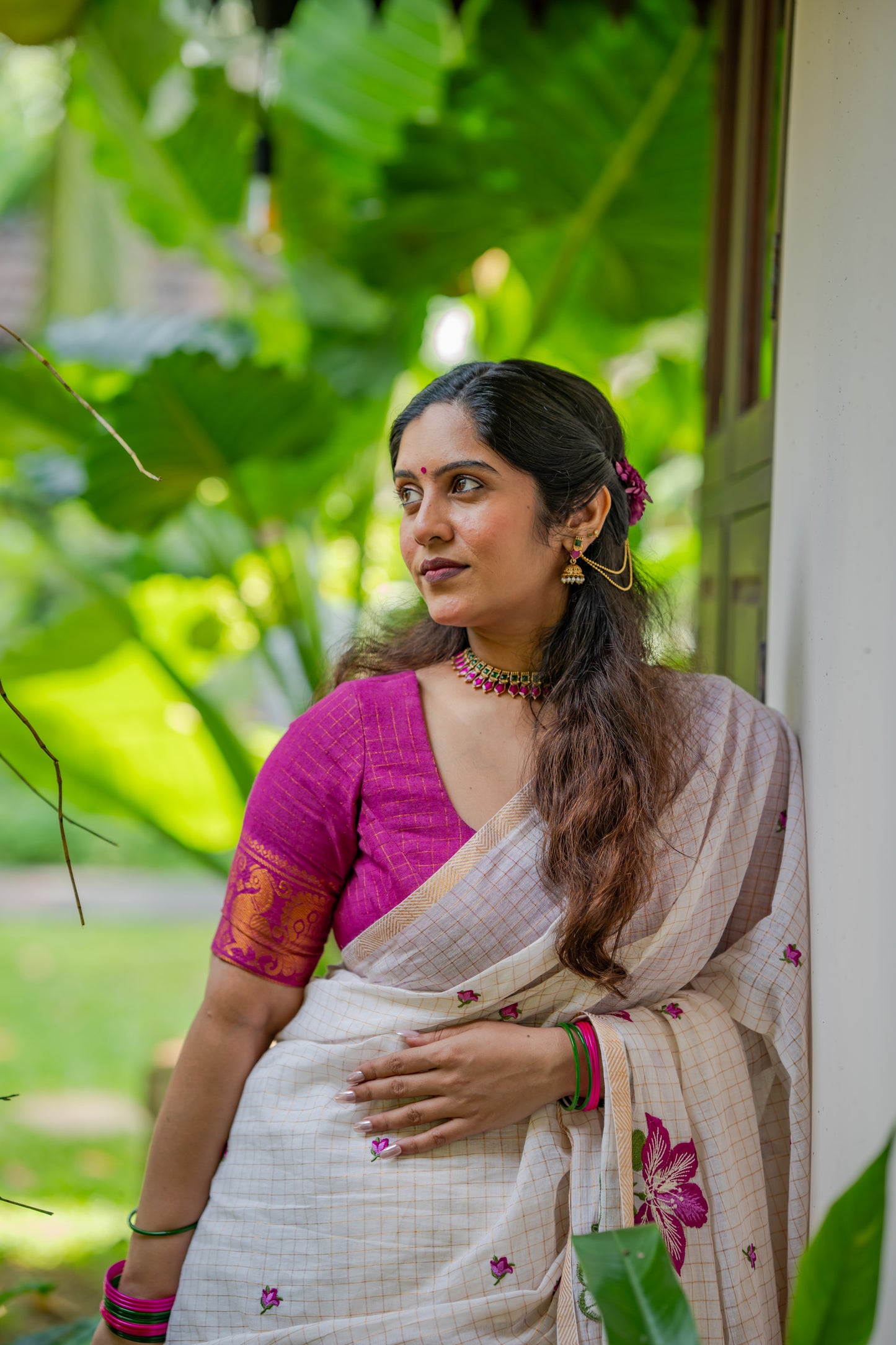 Sruthi : Mandaram - purple pink floral embroidery, ivory & gold, soft cotton in mini checks - YCIEON166