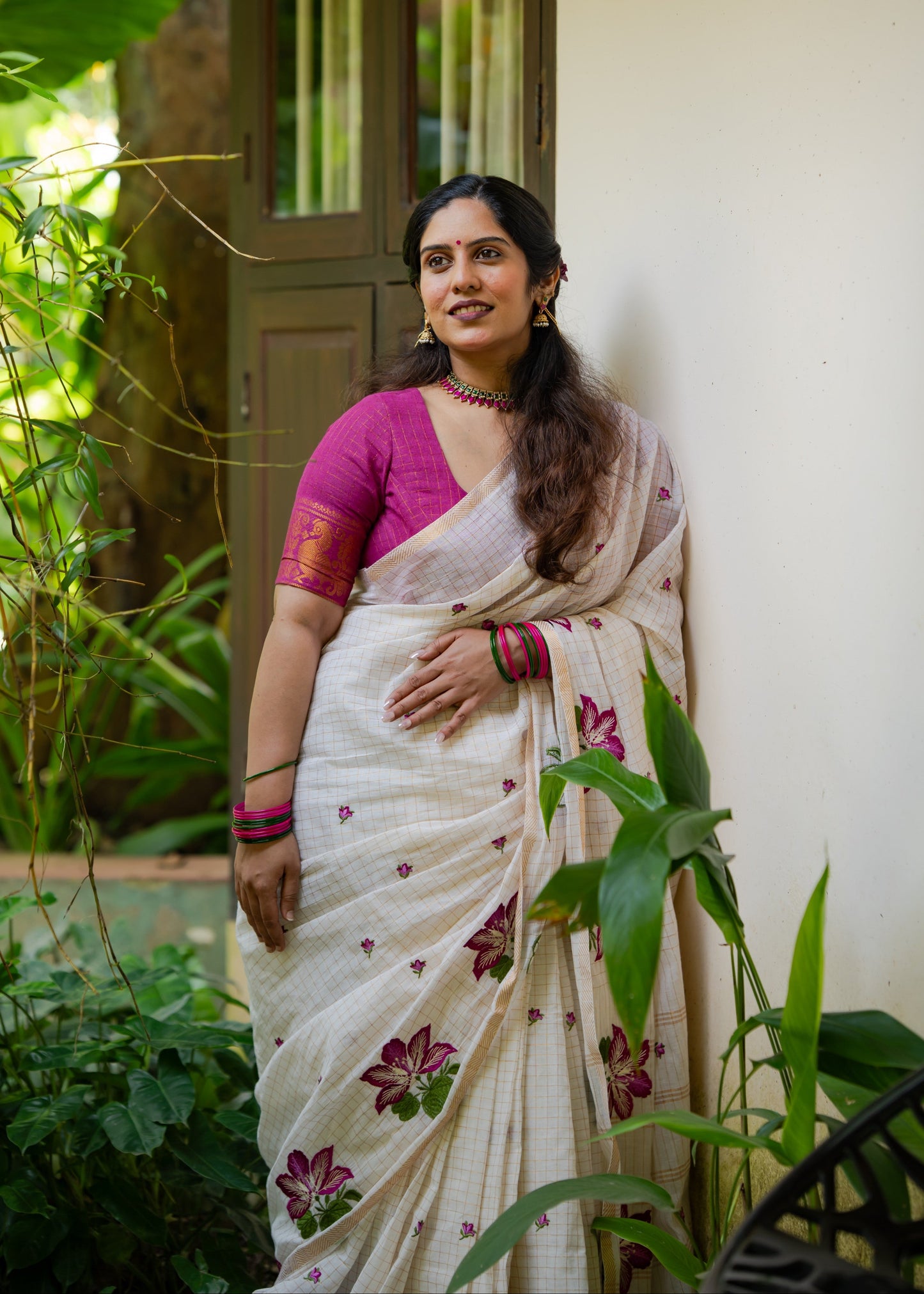 Sruthi : Mandaram - purple pink floral embroidery, ivory & gold, soft cotton in mini checks - YCIEON166