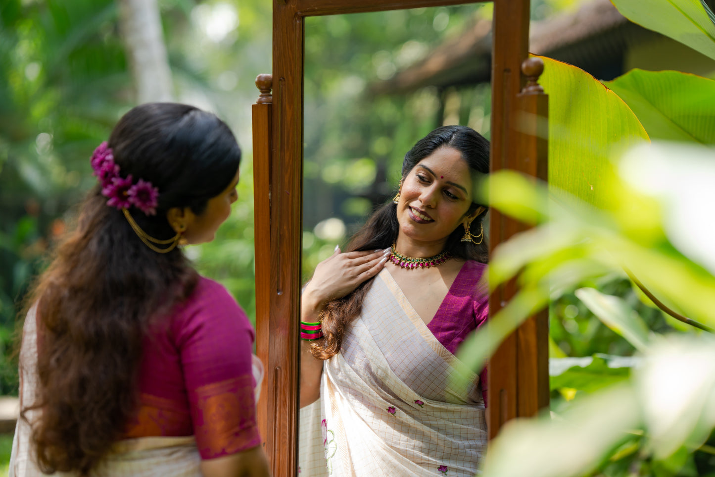 Sruthi : Mandaram - purple pink floral embroidery, ivory & gold, soft cotton in mini checks - YCIEON166