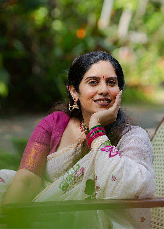 Sruthi : Mandaram - purple pink floral embroidery, ivory & gold, soft cotton in mini checks - YCIEON166
