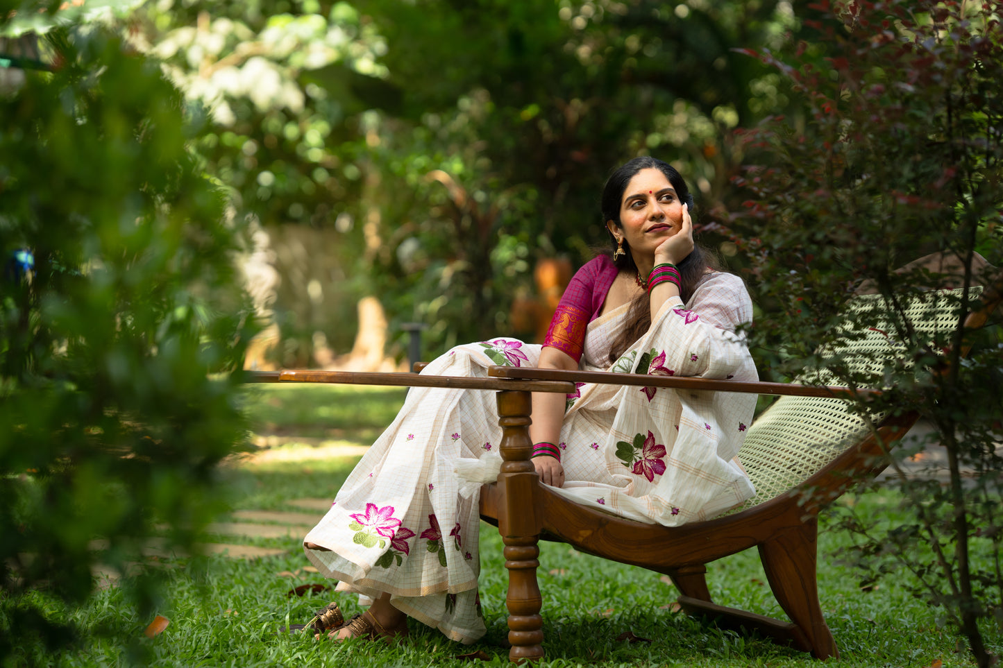 Sruthi : Mandaram - purple pink floral embroidery, ivory & gold, soft cotton in mini checks - YCIEON166