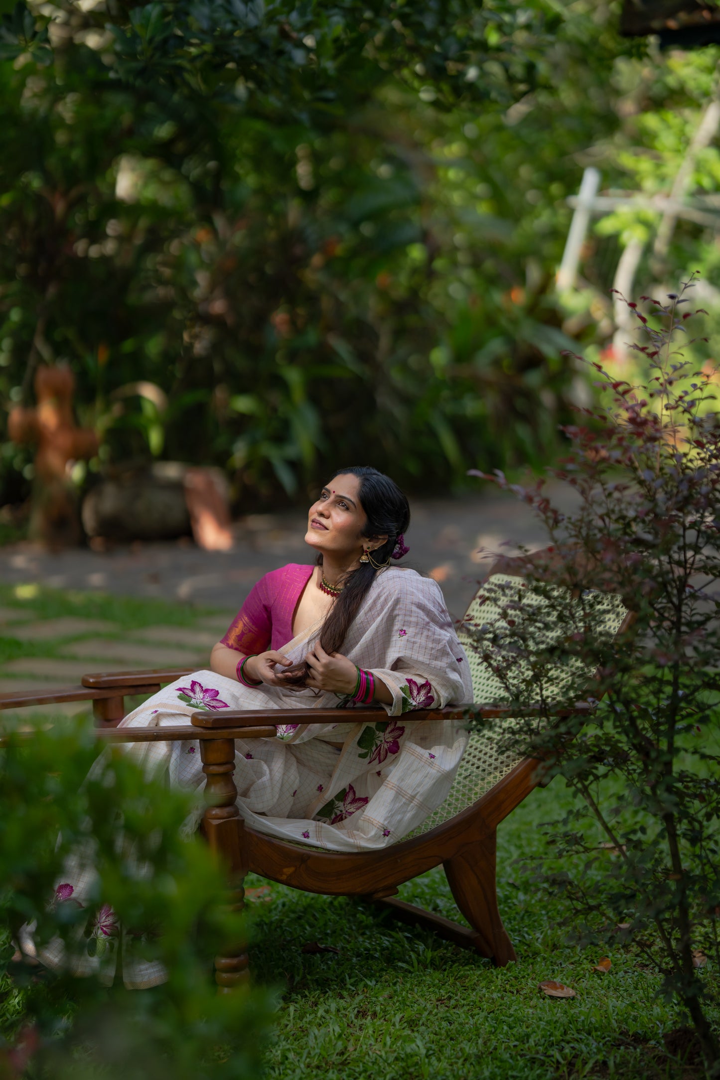Sruthi : Mandaram - purple pink floral embroidery, ivory & gold, soft cotton in mini checks - YCIEON166