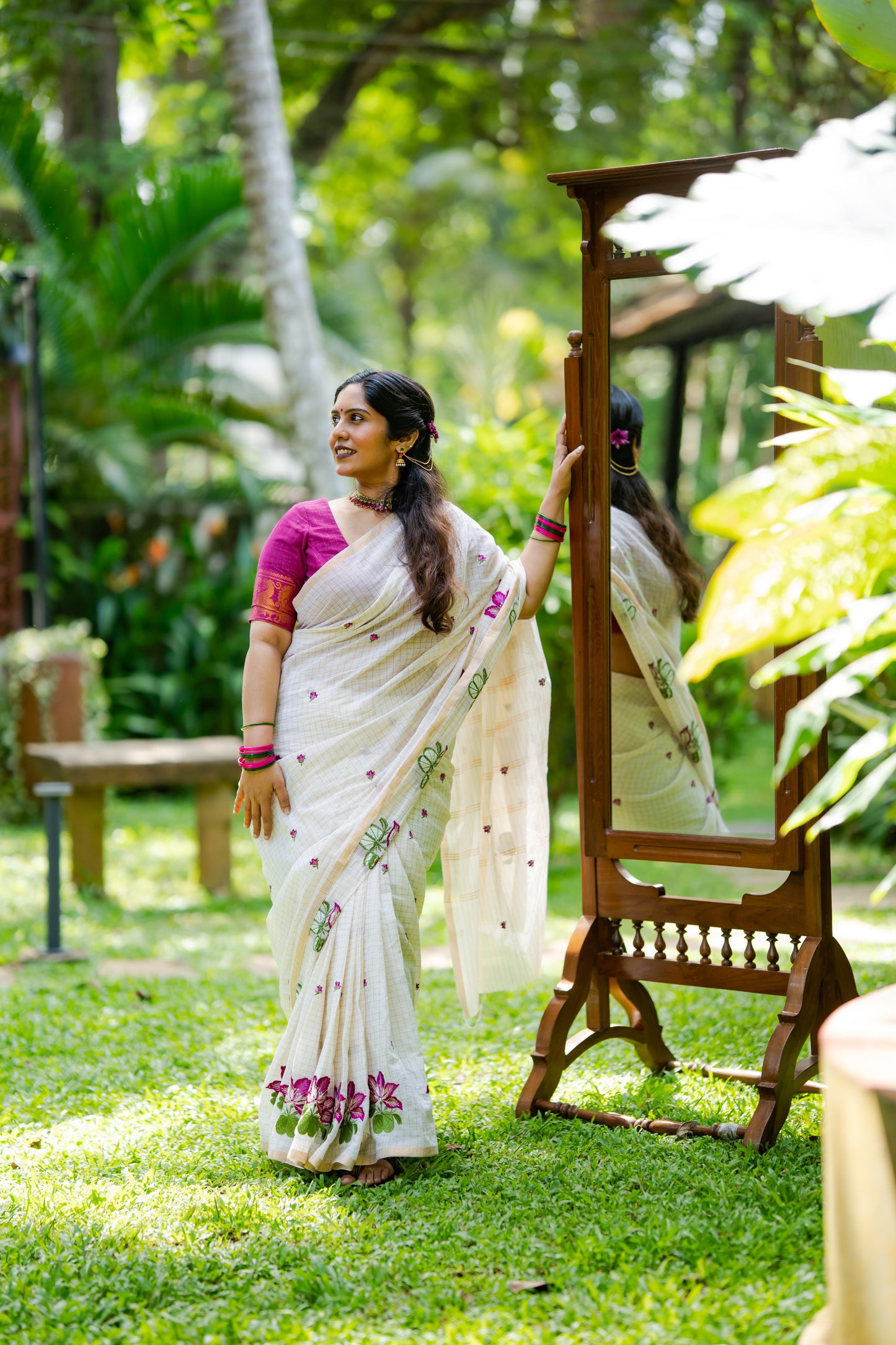 Sruthi : Mandaram - purple pink floral embroidery, ivory & gold, soft cotton in mini checks - YCIEON166