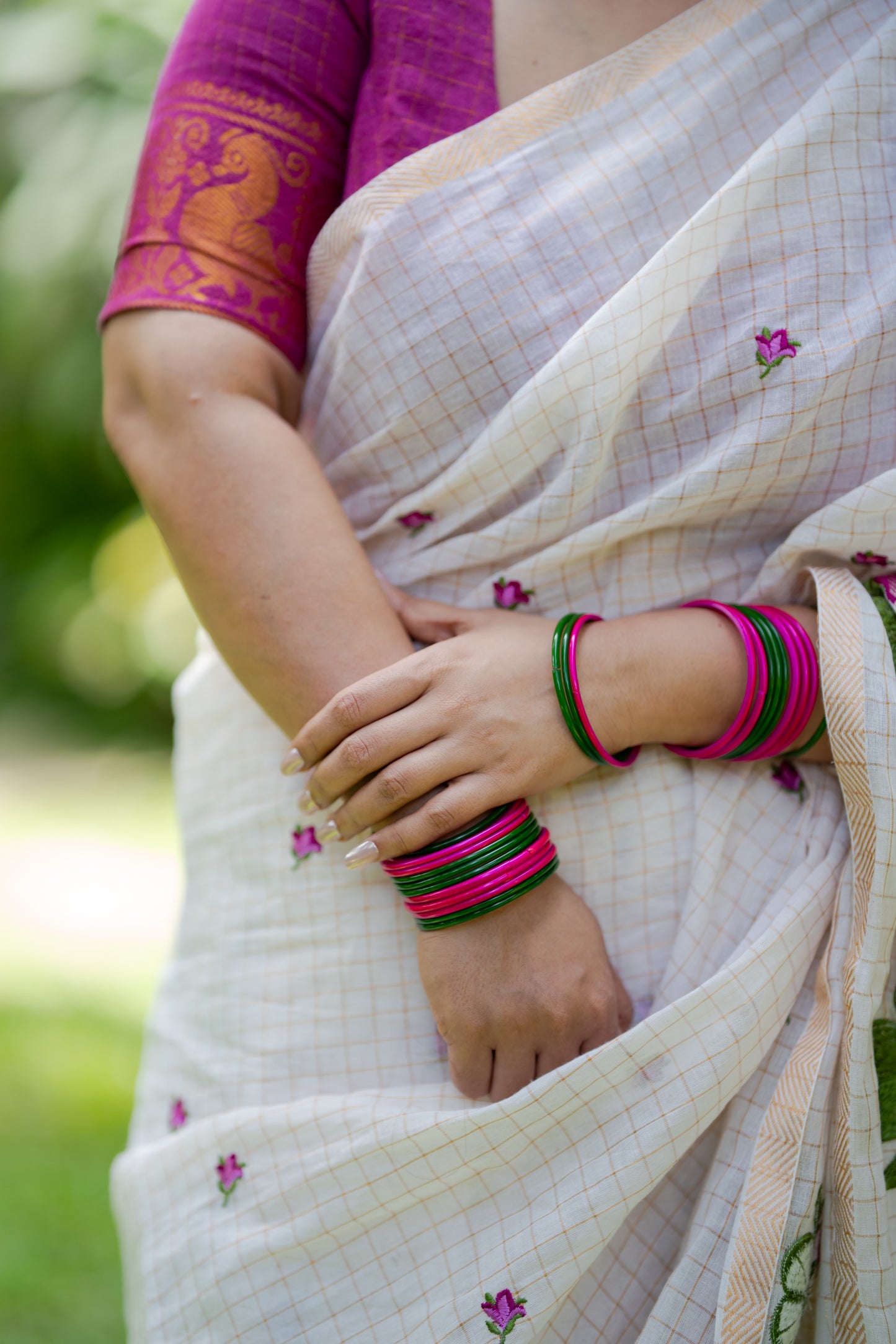 Sruthi : Mandaram - purple pink floral embroidery, ivory & gold, soft cotton in mini checks - YCIEON166