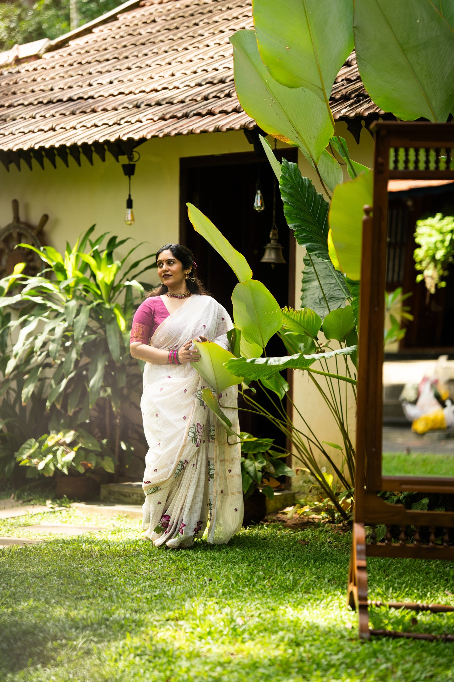 Sruthi : Mandaram - purple pink floral embroidery, ivory & gold, soft cotton in mini checks - YCIEON166