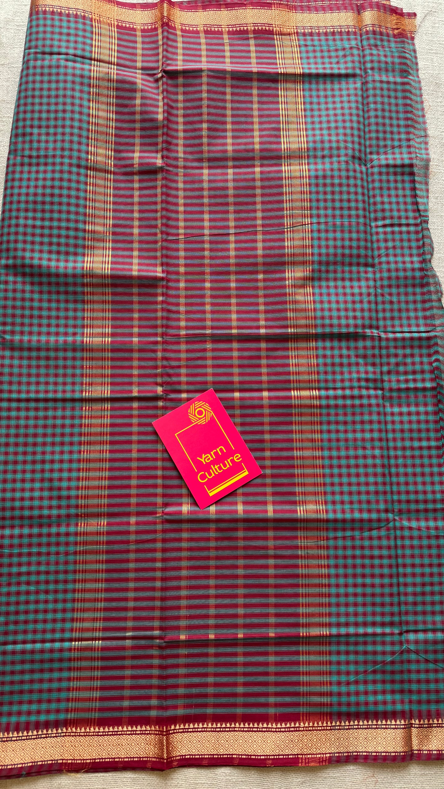 Blue Chettinad cotton saree with maroon checks - YCCOTNCCFE145