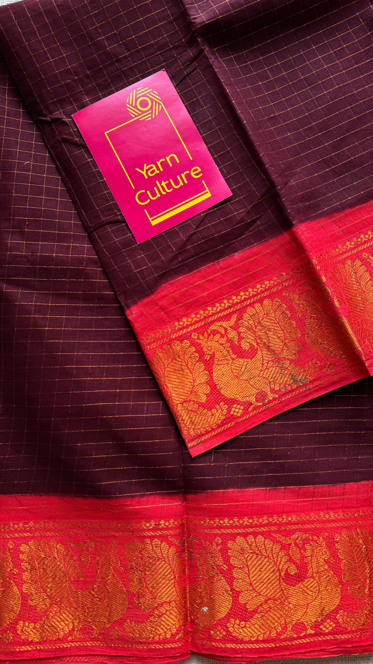 Maroon with chilli red contrast, zari checkered sungudi, kattuchayam dyed madurai cotton - YCCOTNMSFE334