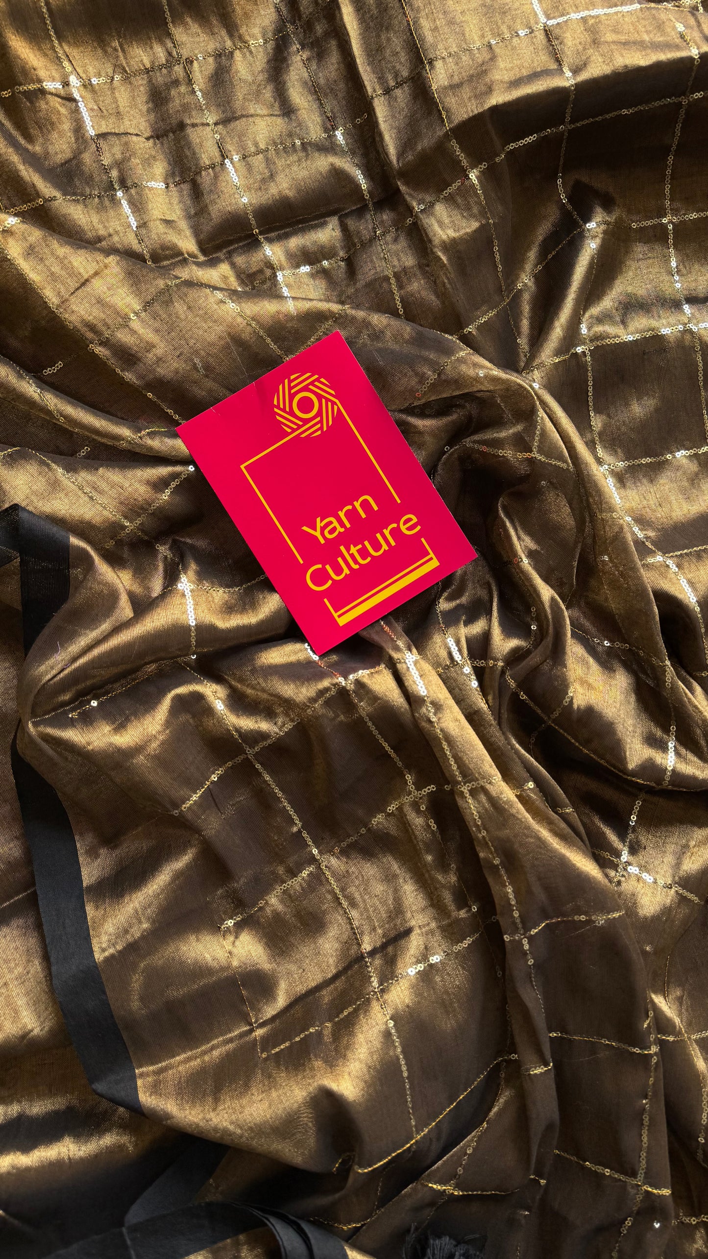 Bronze with black border, checkered sequins work, mul tissue - YCBCMCJA08