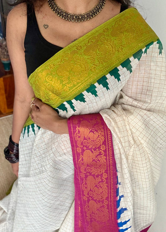 Sungudi cotton checks, ivory gold base, green and magenta dual tone border, soft cotton - YCCOTNSEMS60