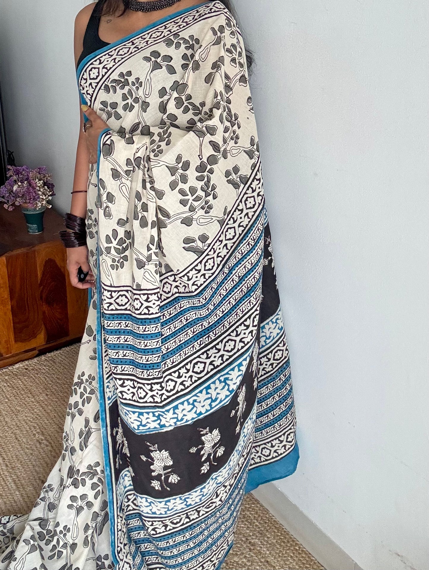 Beige with grey flowers, blue border, block printed soft cotton saree - YCTORCMA14