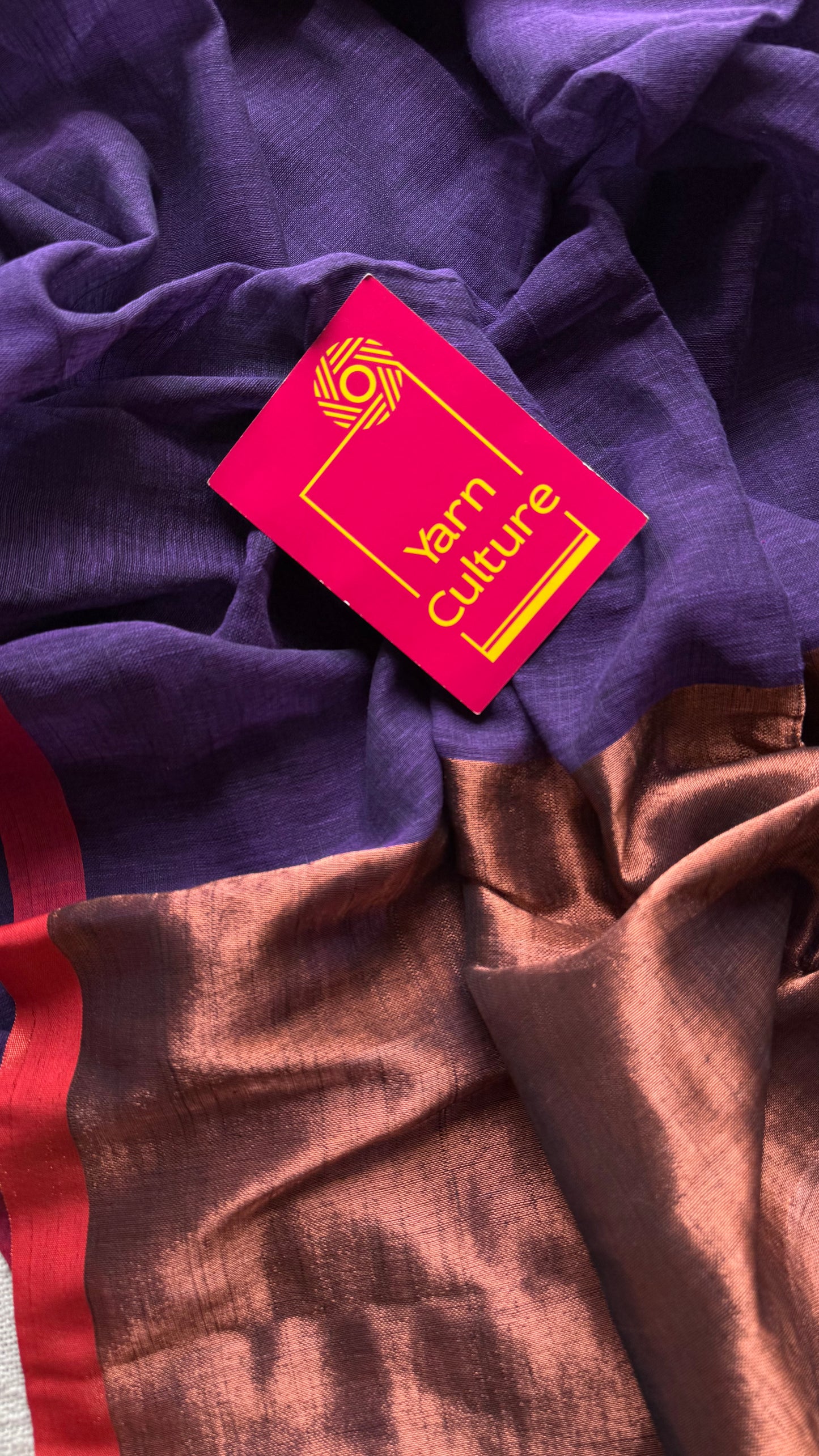 Purple plain linen by cotton saree with copper zari pallu - YCBCLCFE396