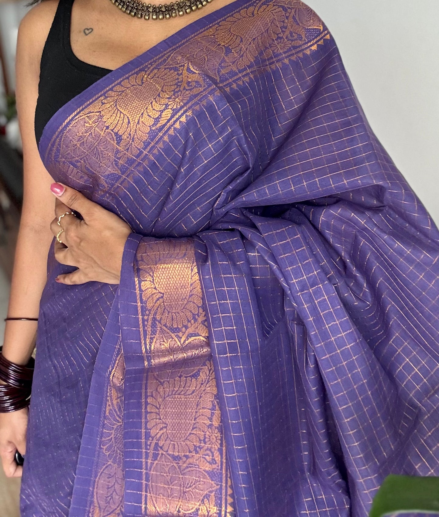 Purple zari checkered sungudi, kattuchayam dyed madurai cotton - YCCOTNMSAP118