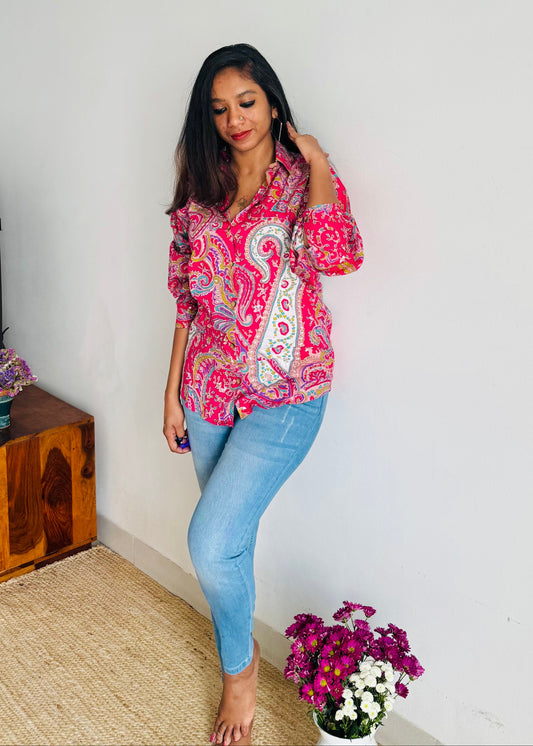 Gulabi Groove - blockprinted cotton stitched shirt, collared neck, full sleeves - YCSEBPSJA198