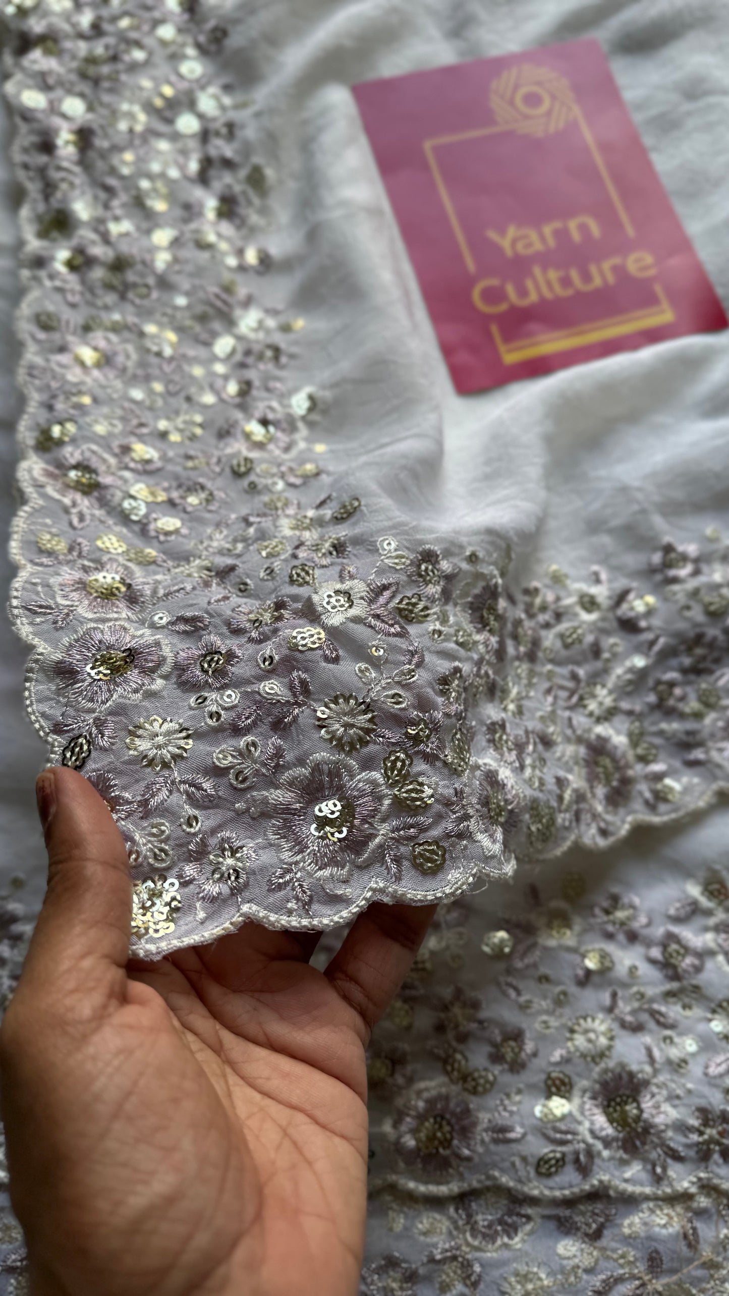 White Whimsy - white with floral sequins embroidered borders, semi-crepe- YCDOSNO48