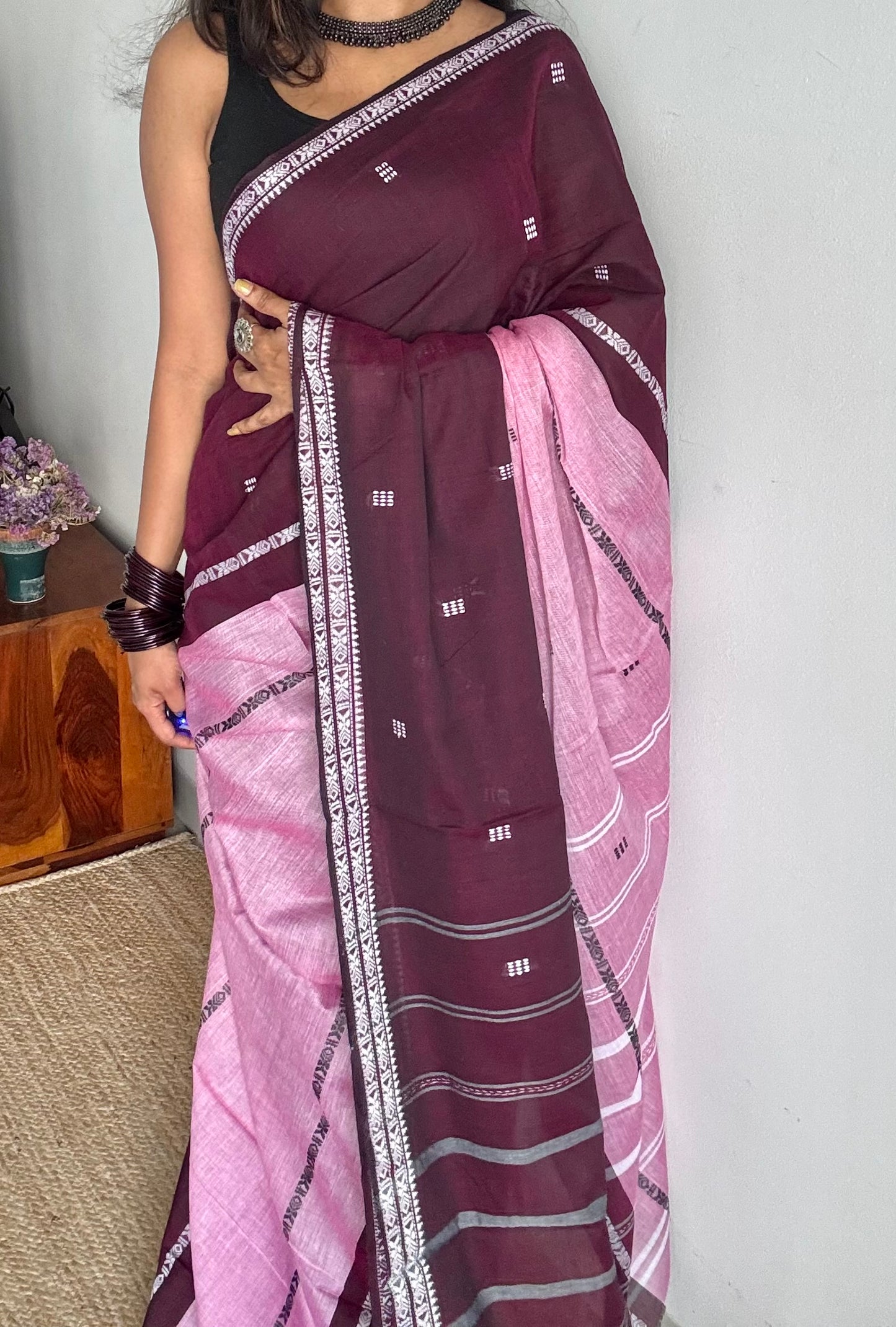 Dhonekhali handloom soft cotton saree, pink with dark maroon and woven buttas - YCBCDFE251
