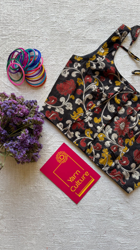 Black kalamkari printed sleeveless cotton stitched blouse, front open, non-padded - YCSESB90