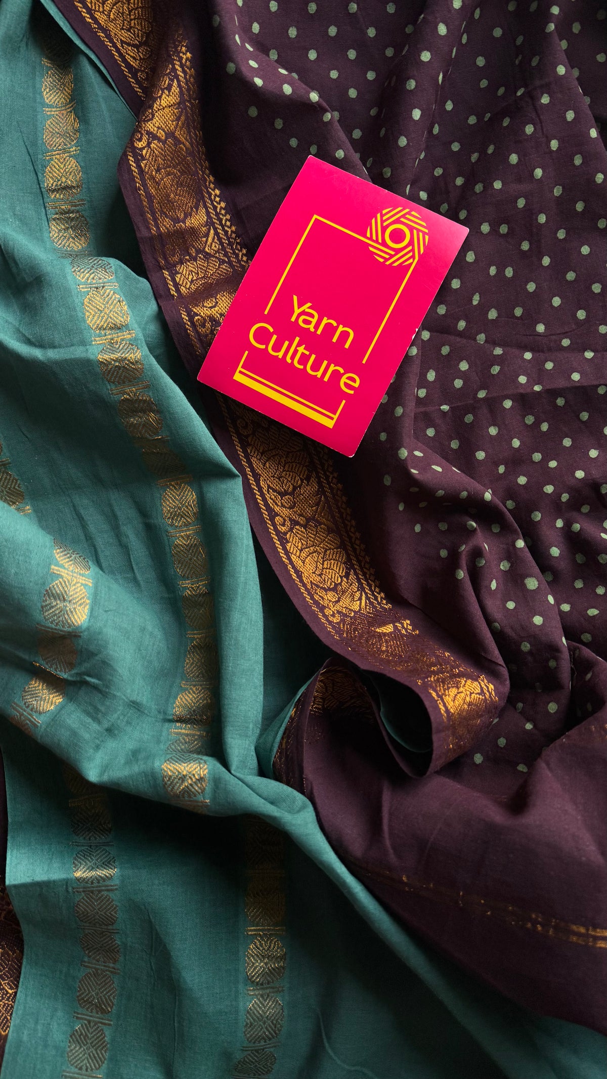 Brown with mint green, sungudi cotton half-half saree - YCCOTNIDOC16