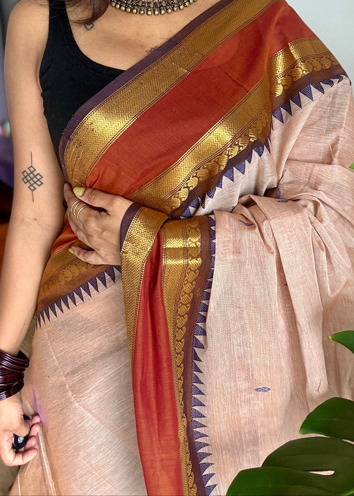 Beige with rust orange and brown zari border kanchi cotton saree - YCCOTNCKSE19