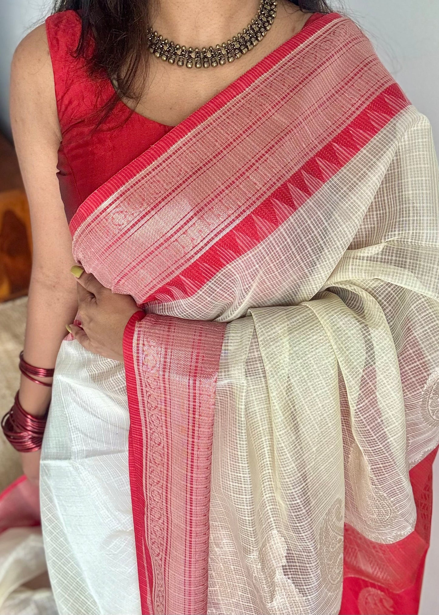 Cream with red contrast borders, kota doria with zari - YCBCDP15