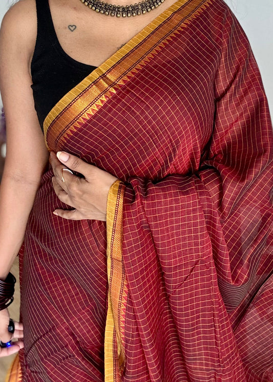 Deep maroon checks, cotton silk blend, premium narayanpet saree - YCWOTDMA322