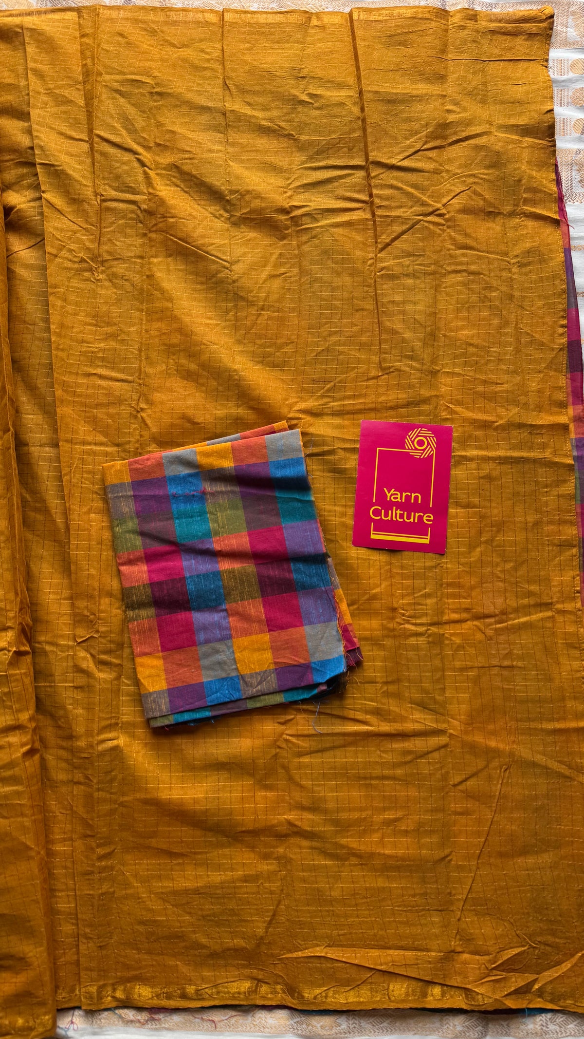 Turmeric yellow mini checks with multicoloured madras checks, cotton half and half saree - YCCOTNIDOC164