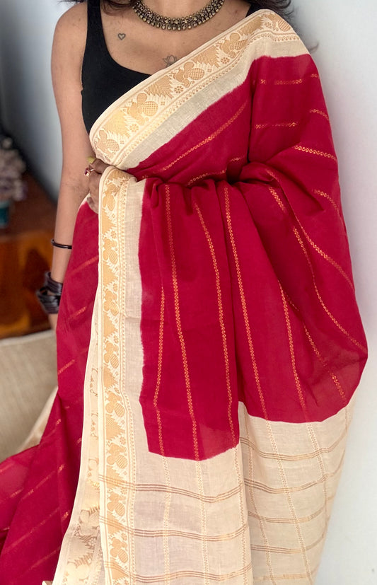 Red with cream veldhaari, kattuchayam dyed, madurai cotton - YCCOTNSEMS91