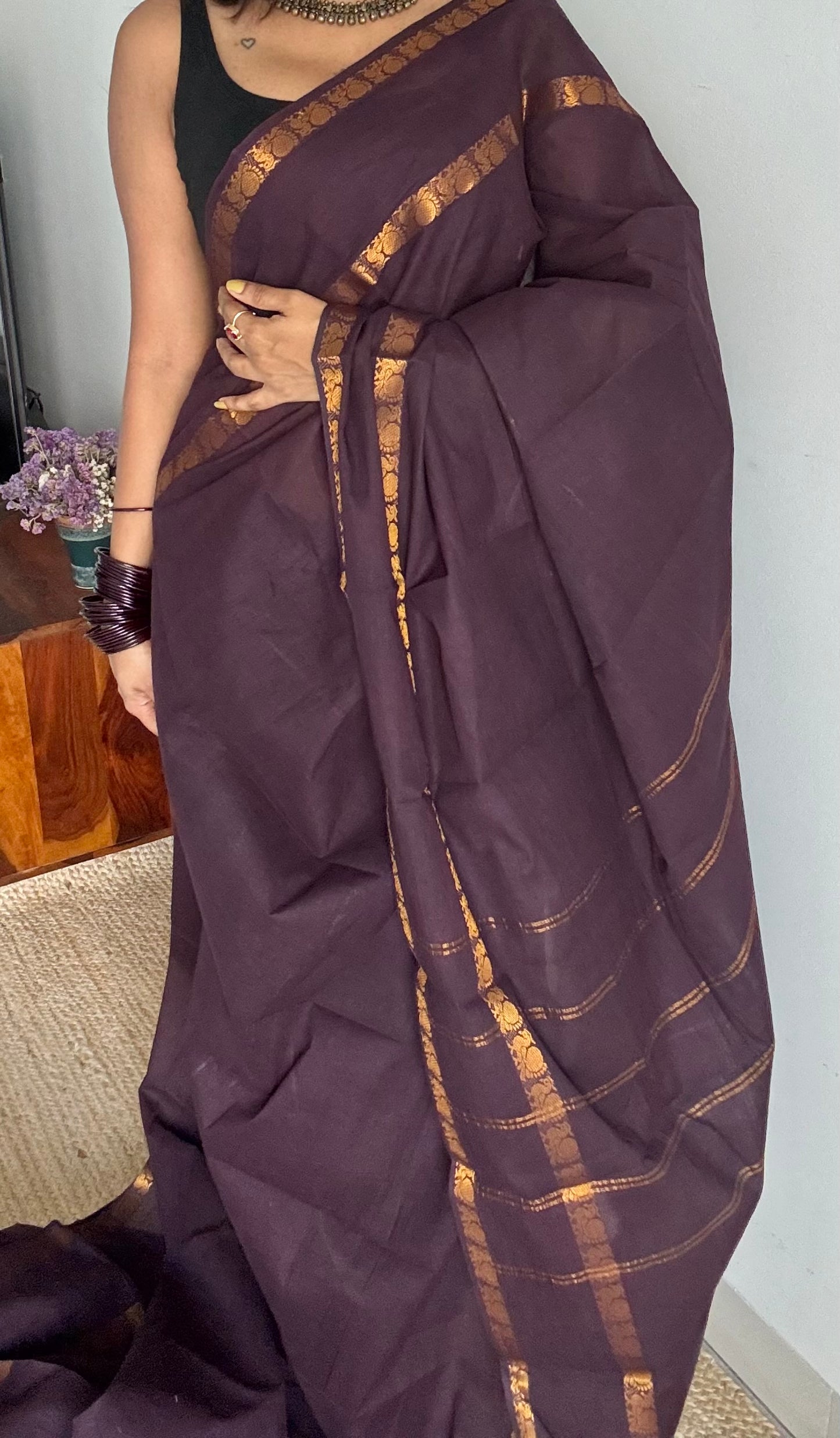 Brown rettaipettu peacock double bordered, kattuchayam dyed madurai cotton saree  - YCCOTNMSFE328