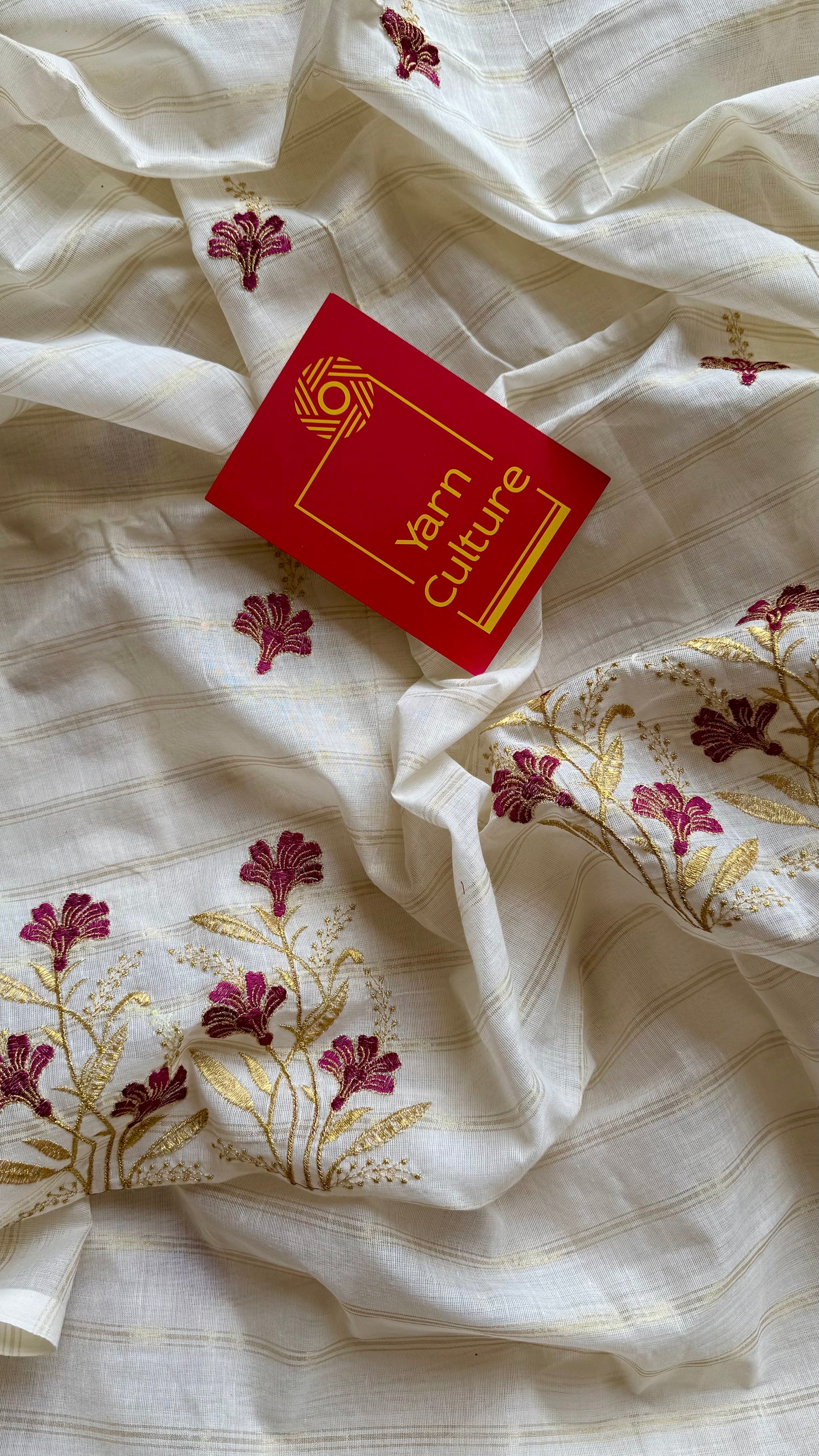 Ivory and gold soft cotton saree, maroon floral embroidery  - YCIEON50