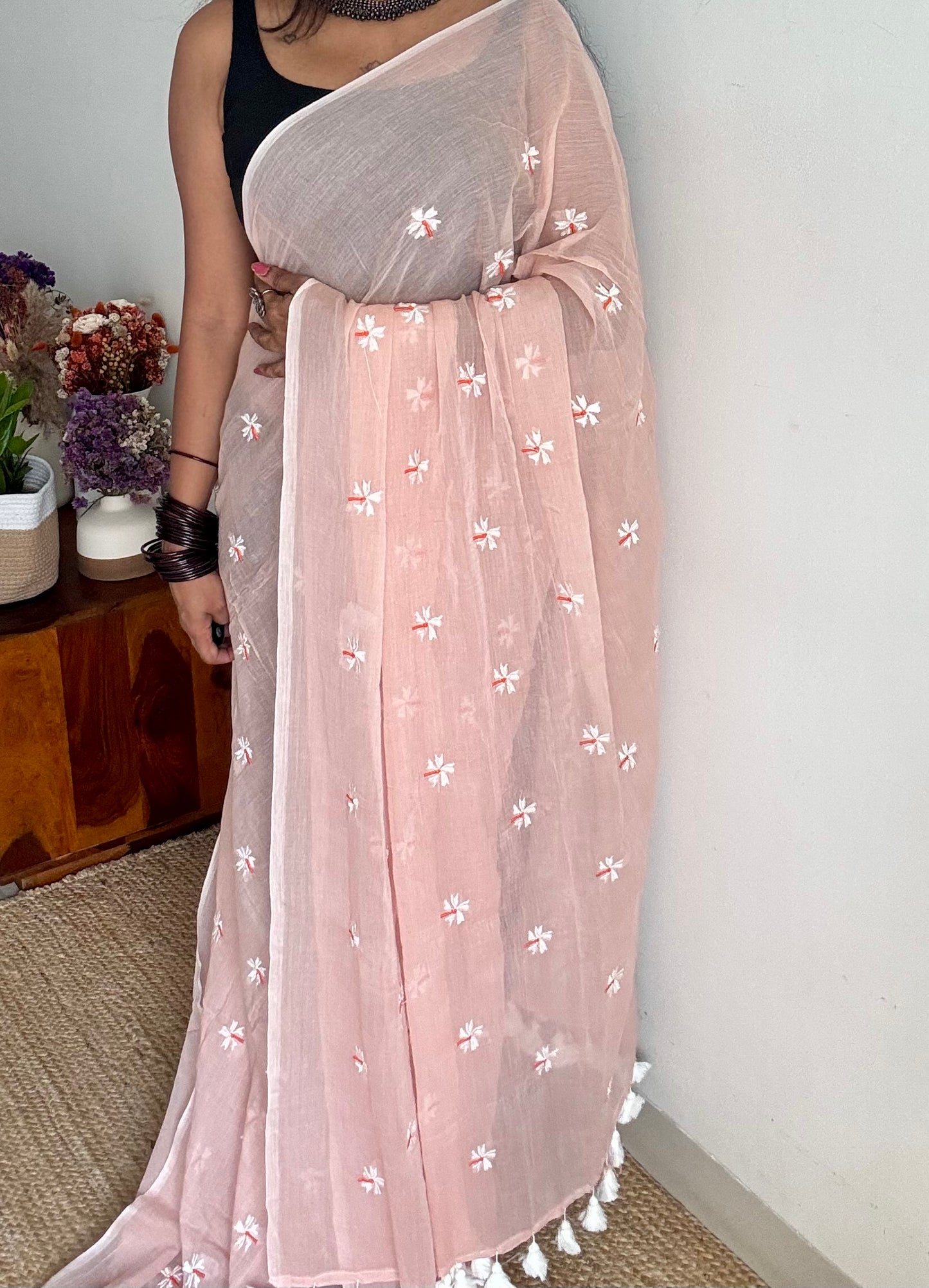 Pastel peach parijat mul cotton saree  - YCBCMCAP31