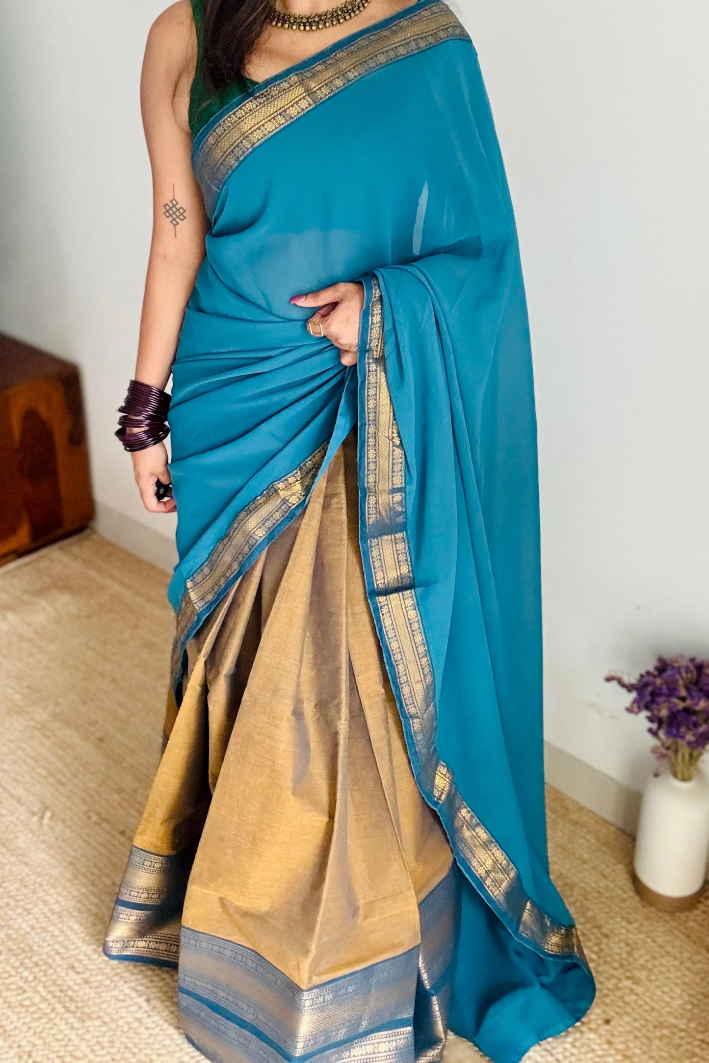 Mustard Brown - Blue unstitched half saree material (dhavani), kanchi cotton - YCIEHS206