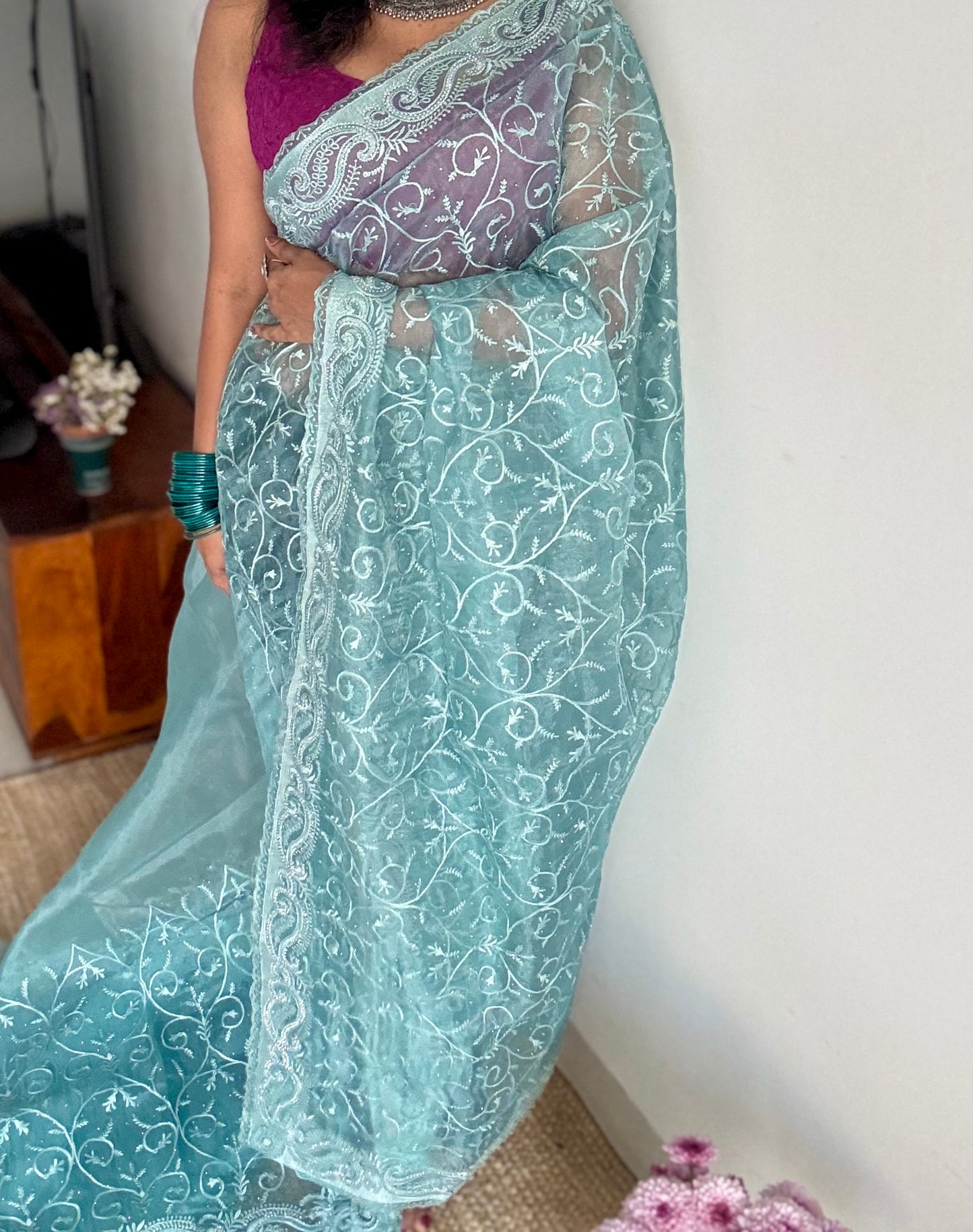 Aqua Aura - soft blue organza, with threadwork and sequins - YCDOSNO33